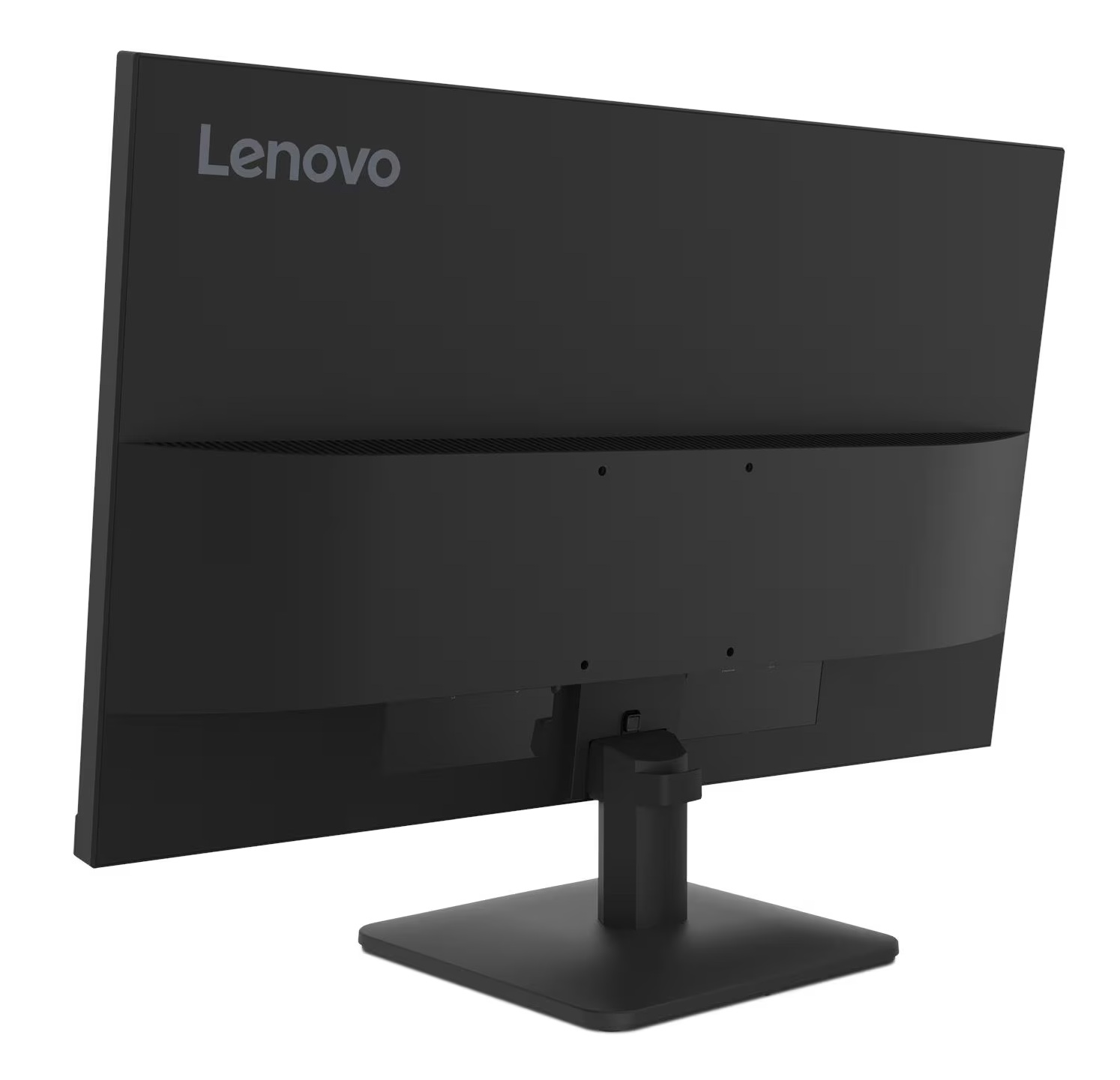 Widoczny jest tył czarnego monitora Lenovo. Podstawa i stojak są czarne. Widoczne jest logo Lenovo.