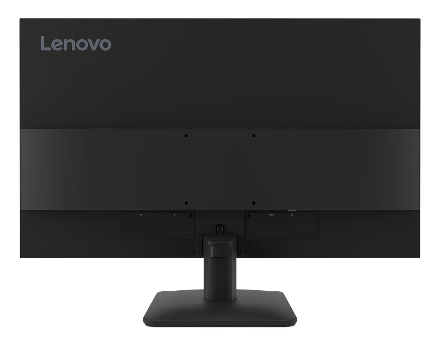 Widoczny tył czarnego monitora Lenovo, z nazwą marki u góry. Ma podstawkę i porty.