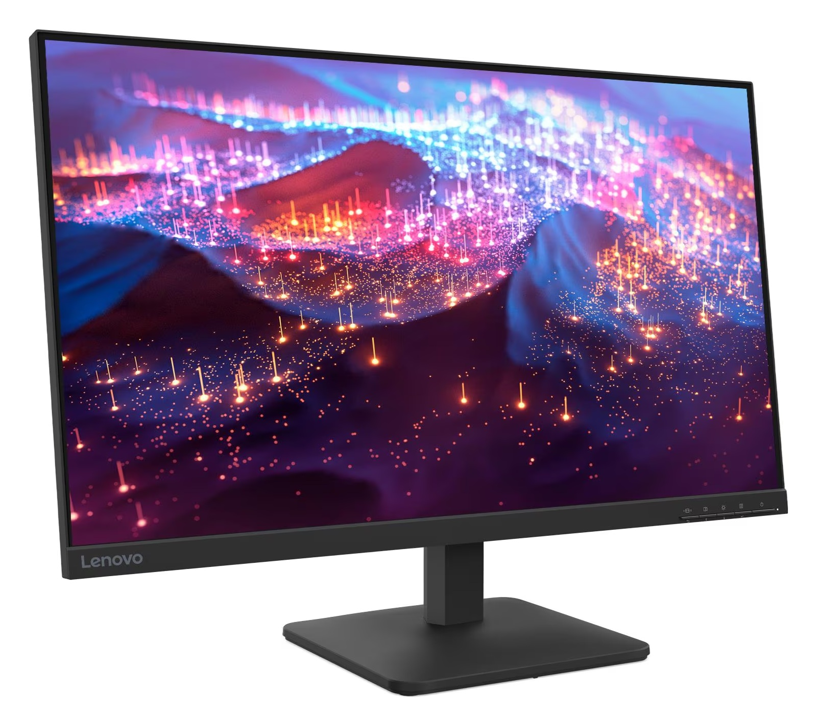 Monitor Lenovo wyświetla abstrakcyjny obraz świateł. Ma czarną podstawę i ramę. Ekran jest podświetlony różnymi kolorami.