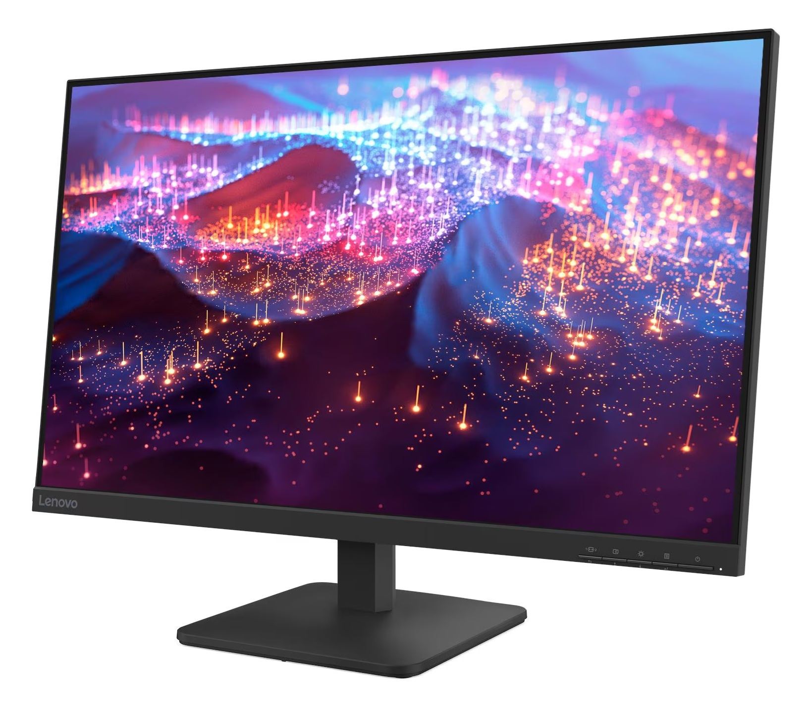 Monitor Lenovo wyświetla abstrakcyjny obraz świateł. Monitor jest czarny i ustawiony pod kątem, pokazując żywy, kolorowy wyświetlacz.