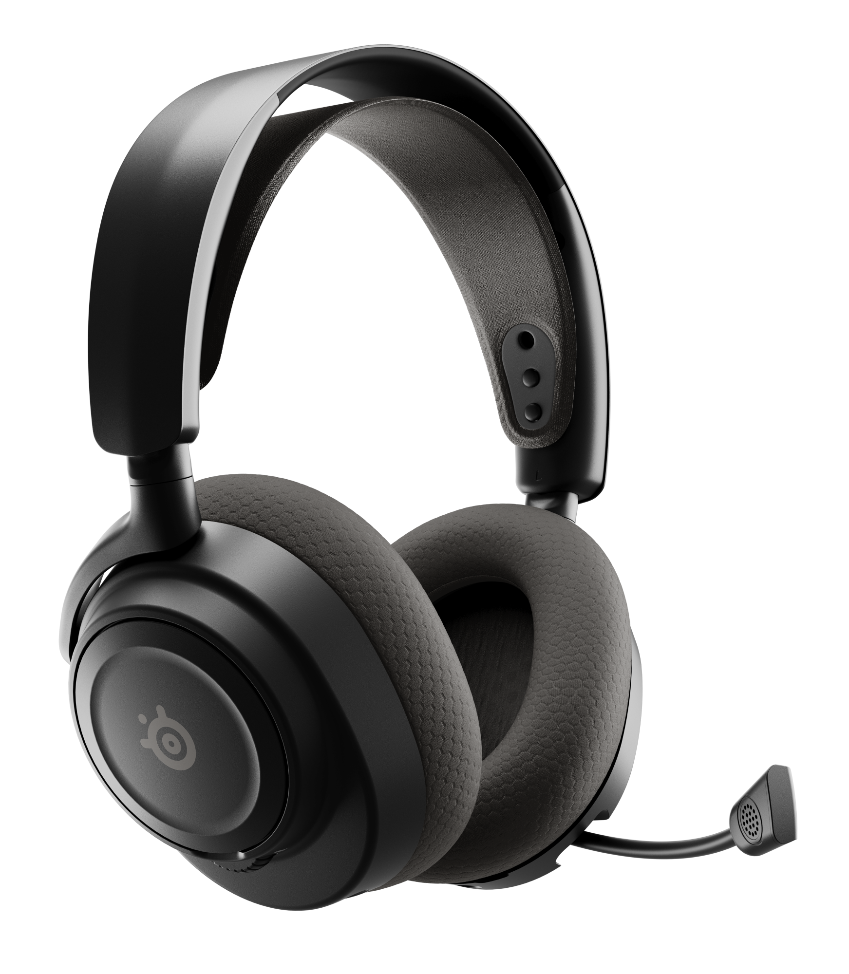 Czarne słuchawki dla graczy na czarnym tle. Posiadają nauszniki, pałąk i dołączony mikrofon.