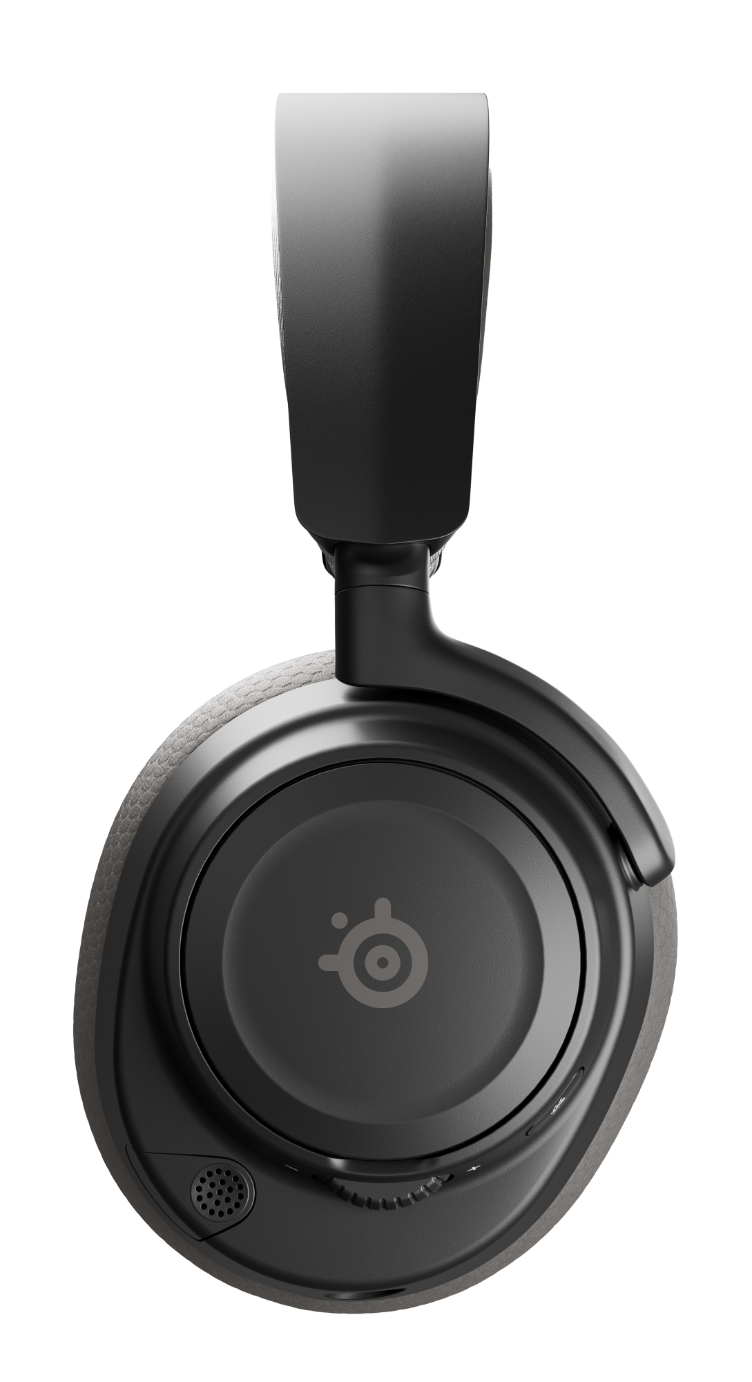 Czarno-szary zestaw słuchawkowy z okrągłą słuchawką z logo. Pałąk jest czarny, a tło ciemne.