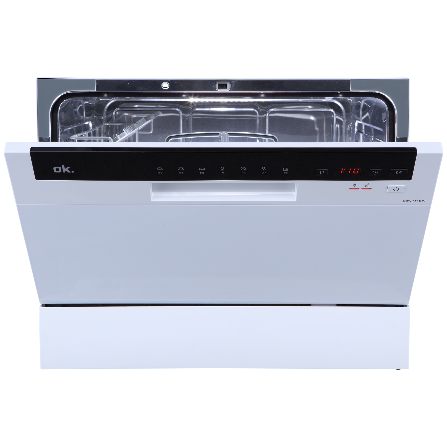 A white dishwasher with an open door. The control panel displays settings and a timer. The interior is stainless steel.