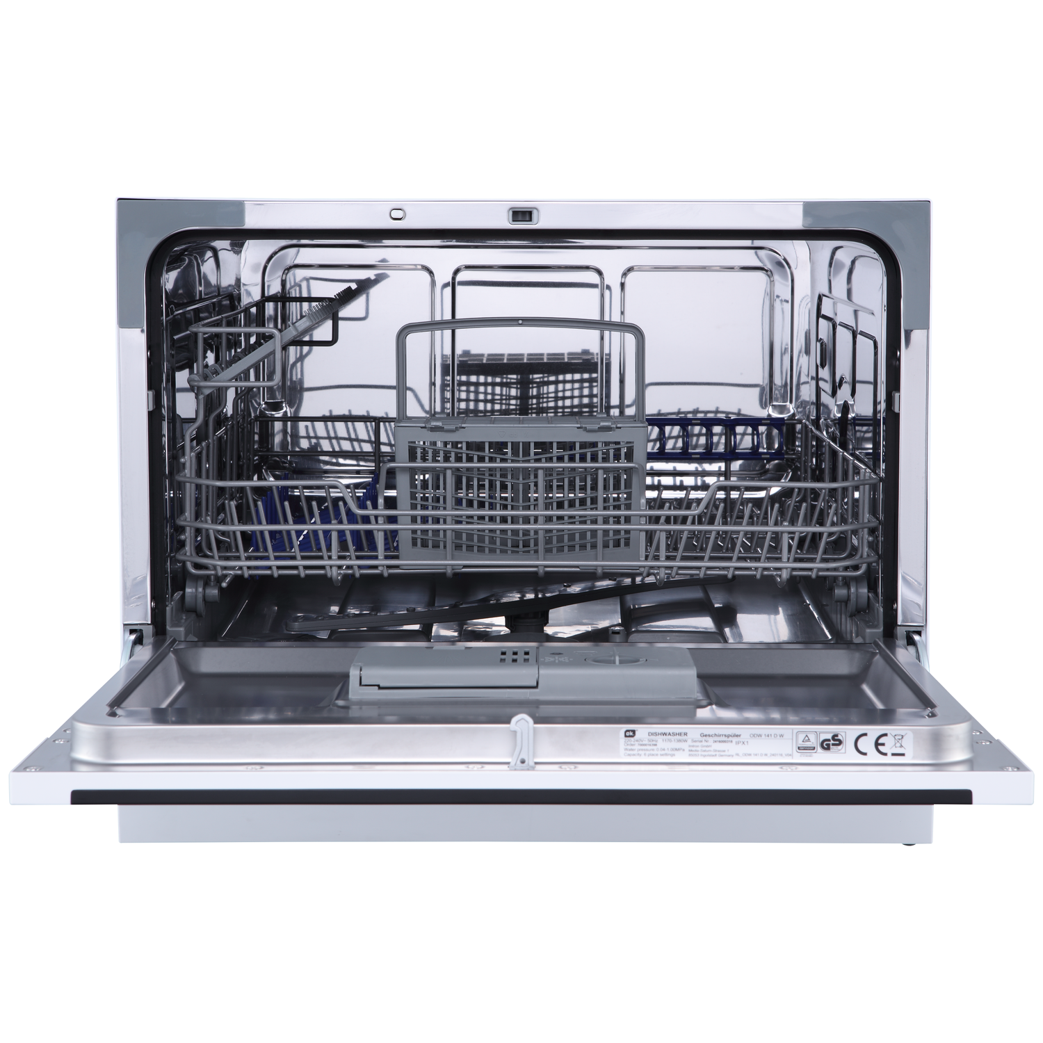 An open dishwasher with metal racks and baskets. The door is open, revealing the interior and control panel. White background.