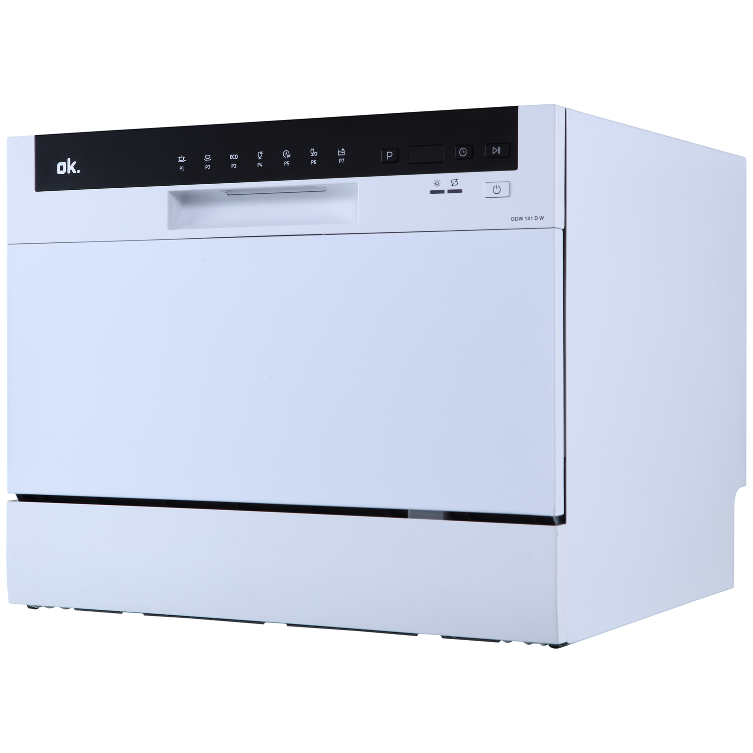 A white OK dishwasher with black top panel, buttons, and display. It has a handle, and the model number is visible.