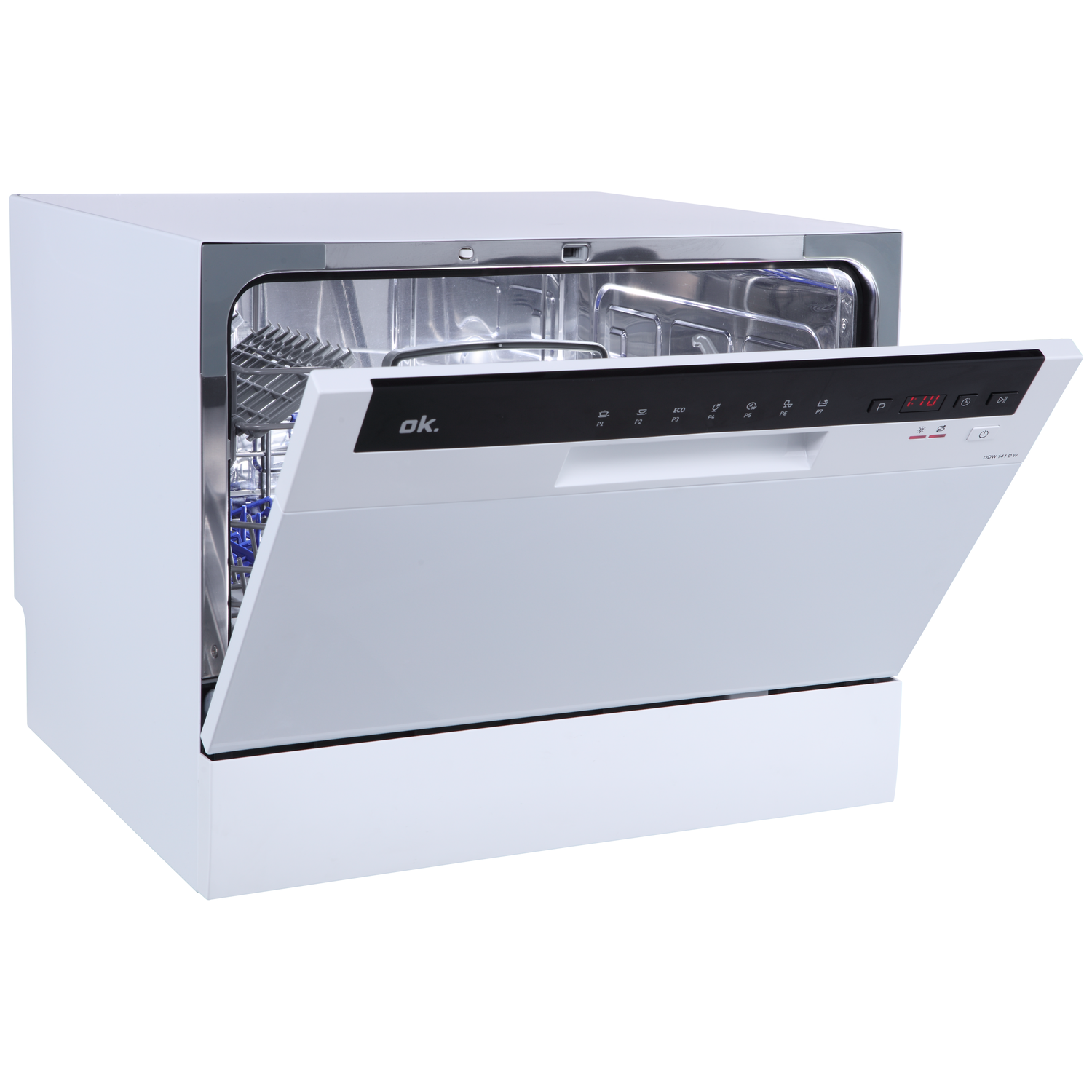 A white OK dishwasher, door open. Inside, a rack is visible. The control panel is black with buttons and a digital display.