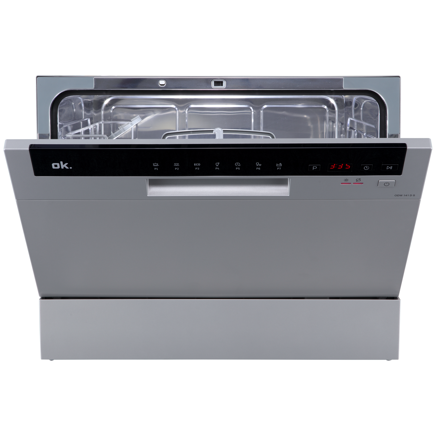 A silver OK dishwasher is open, showing interior racks. The display reads 3:35. Buttons and indicators are visible on the front panel.