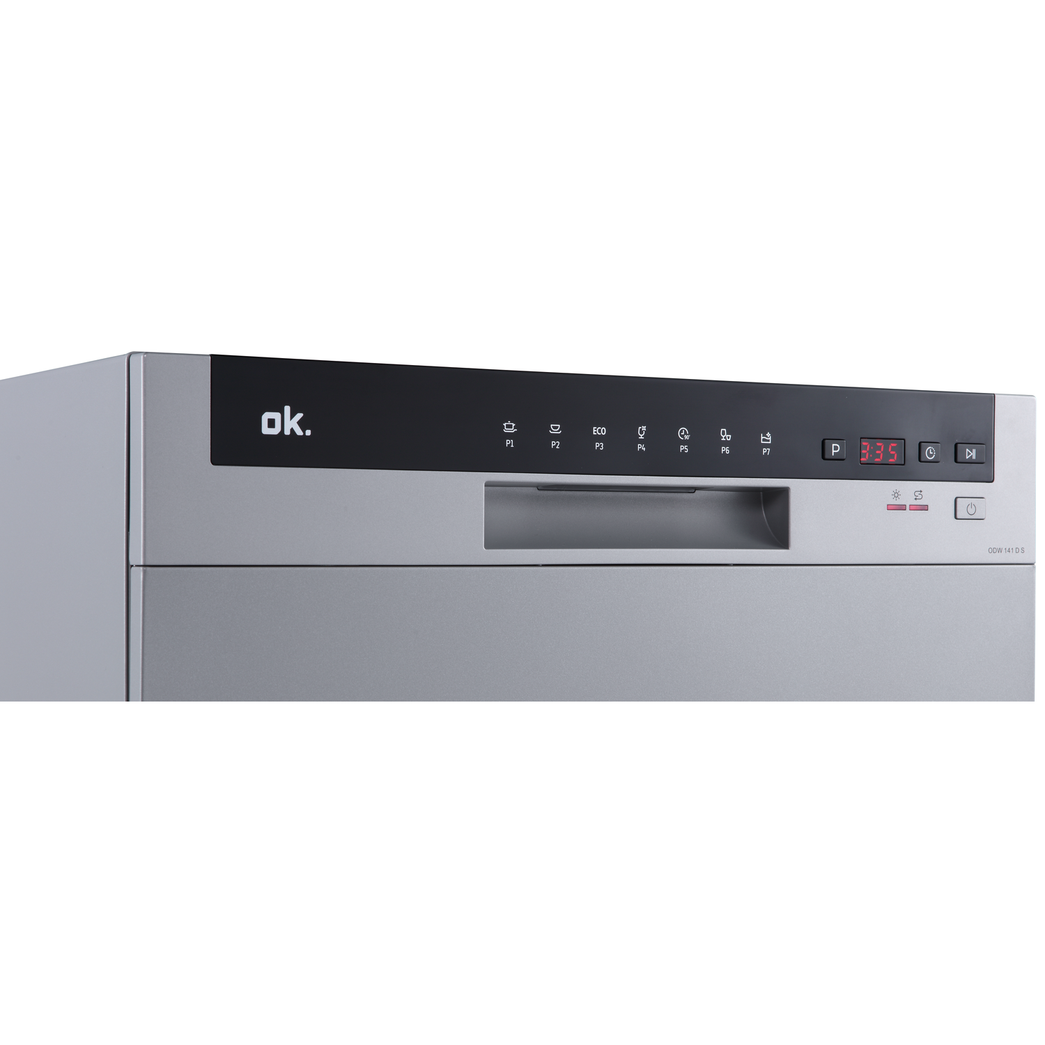 A silver dishwasher with a black control panel. The panel displays program options, a timer showing 3:35, and a power button.