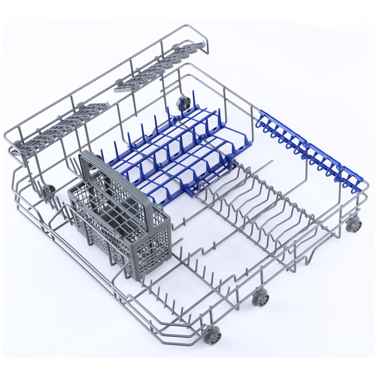 Dishwasher rack with blue and gray components, including a cutlery basket and wheels, against a white background.
