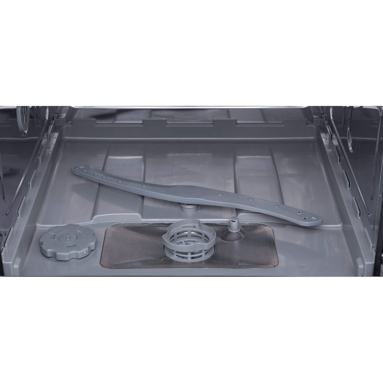 Inside a dishwasher. Gray interior with a spray arm, filter, and a round knob. The background is a white space.