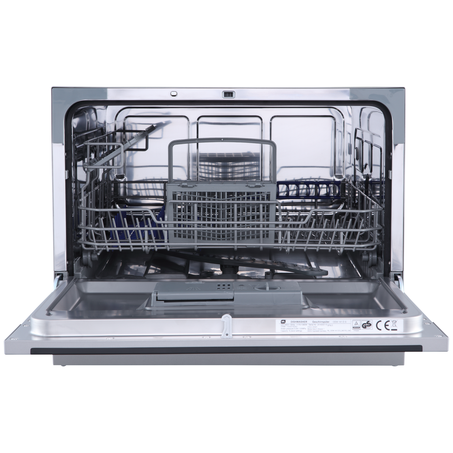 Open dishwasher with racks, a tray, and a control panel. Stainless steel interior. The door is open.