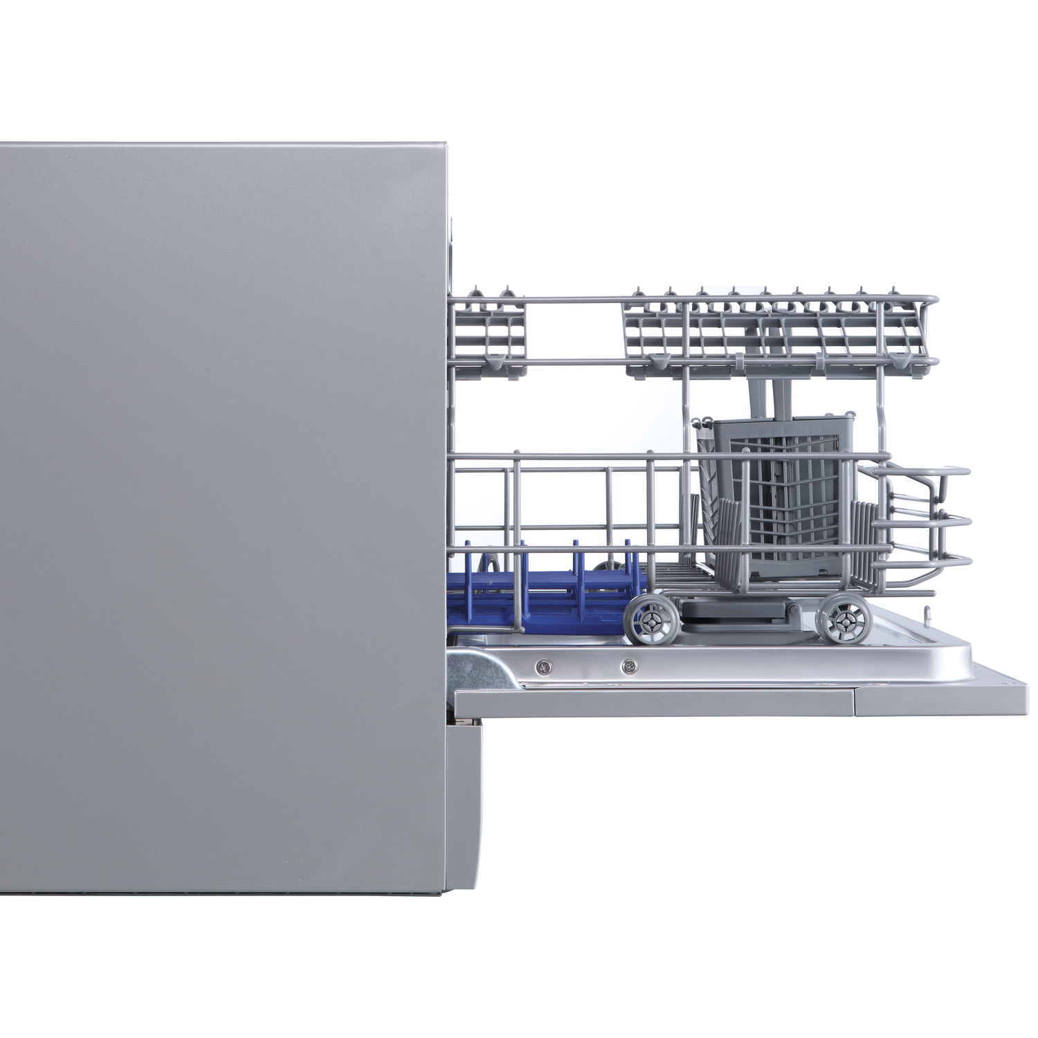 A partially open dishwasher. Silver door and interior with racks. Blue plastic tray visible. Wheels on the lower rack.