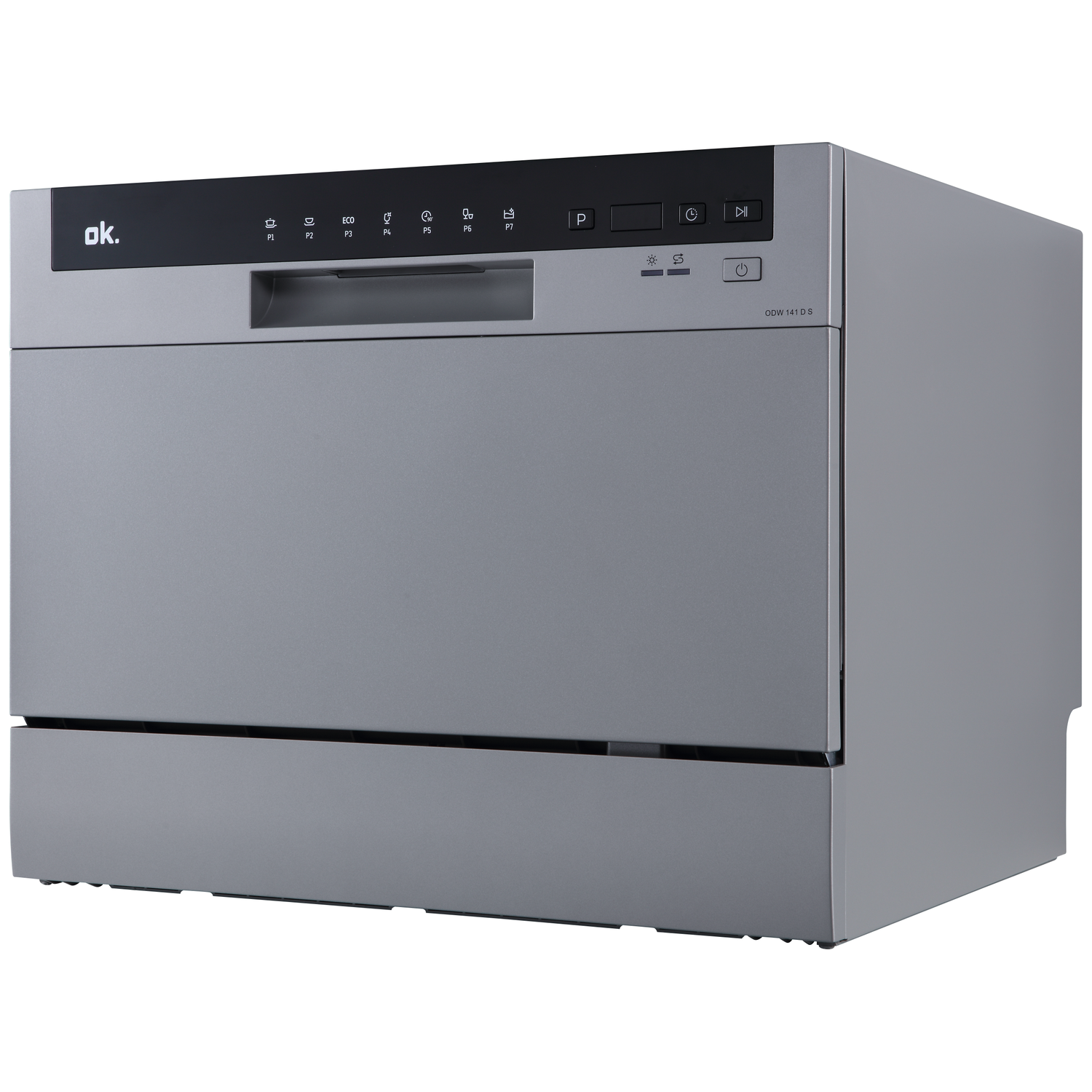 A silver OK dishwasher. It has a black control panel with icons and buttons. The model number is ODW 141 D S.