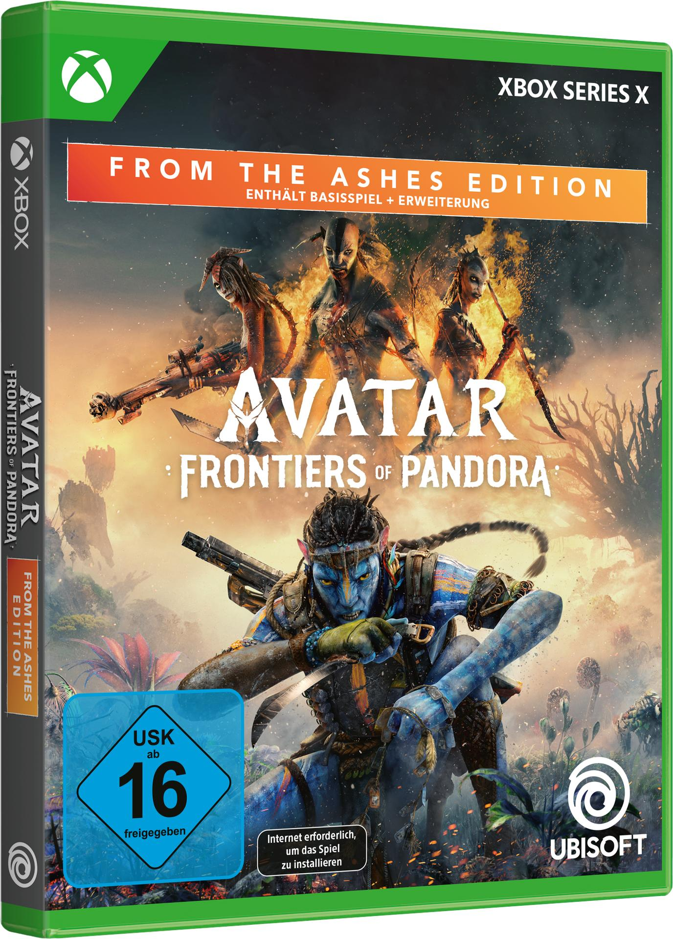 Spielcover. Avatar-Charaktere mit Waffen, feuriger Hintergrund. Titel: Avatar Frontiers of Pandora. Xbox Series X, Ubisoft-Logo, Altersfreigabe.