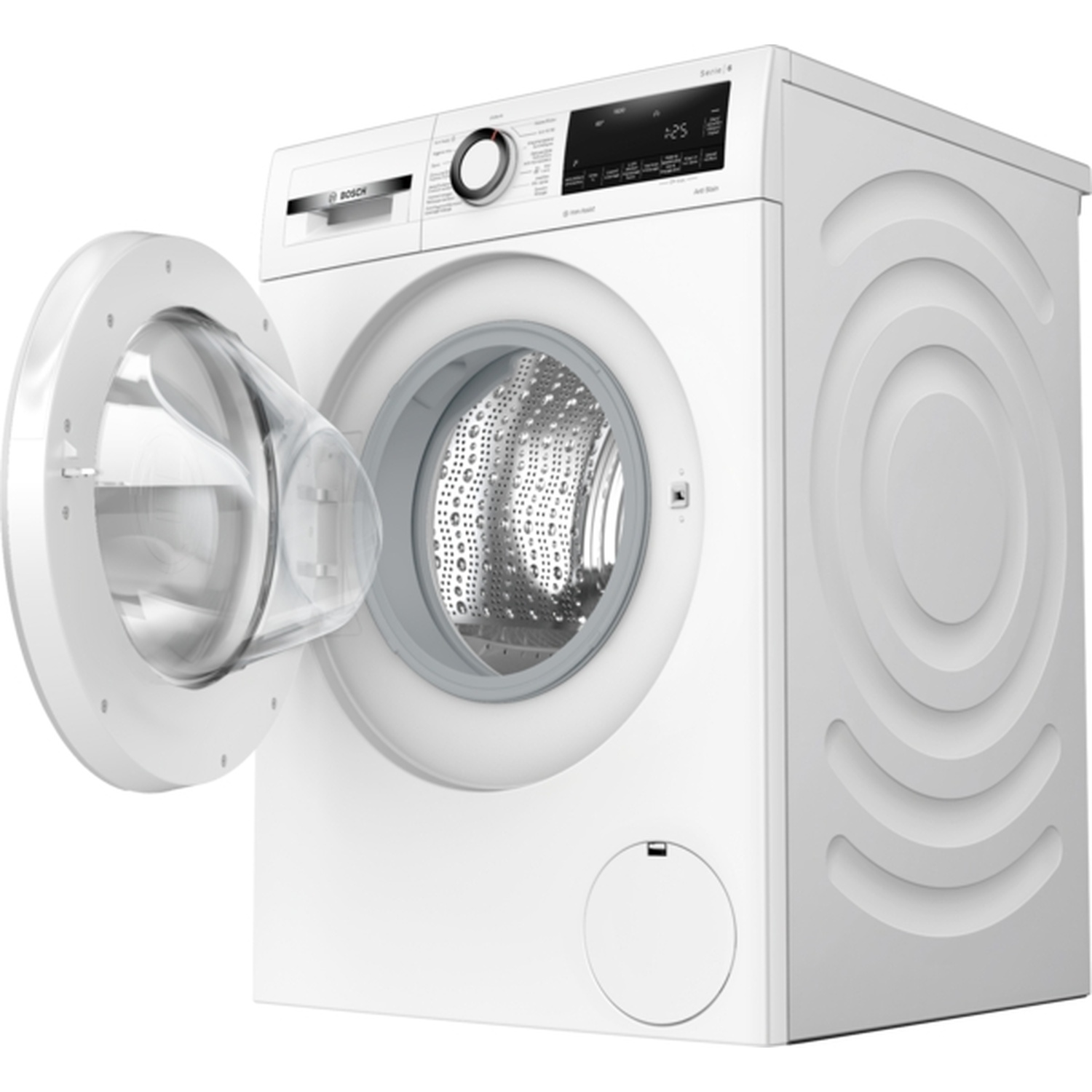 Een witte Bosch wasmachine met de deur open. De trommel is zichtbaar. De machine staat op een witte achtergrond.