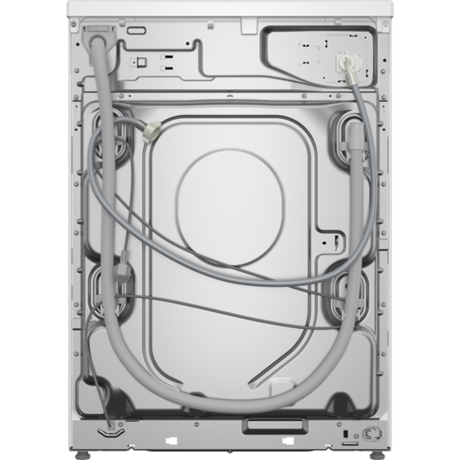 De achterkant van een wasmachine. Het heeft een witte metalen behuizing, met buizen en draden. Er zijn ook een paar kleine zwarte plastic voetjes.