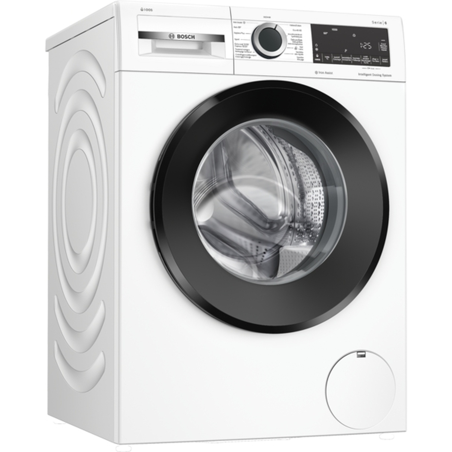 Een witte Bosch wasmachine met een zwart deurkozijn. Het heeft een bedieningspaneel en een ronde deur. De machine staat op een witte achtergrond.