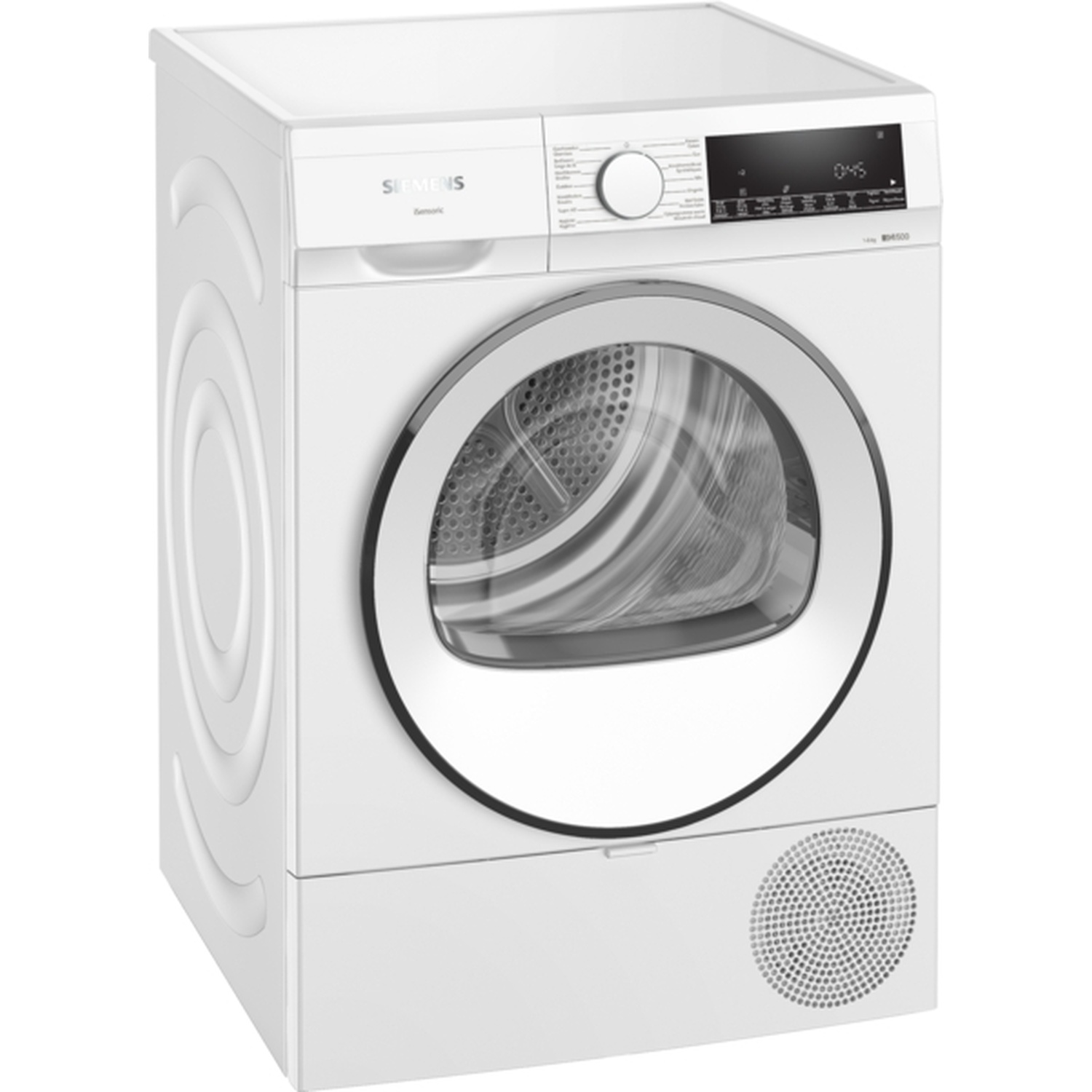 A white Siemens dryer. It has a round door and a control panel with a display. The bottom has a speaker-like grill.