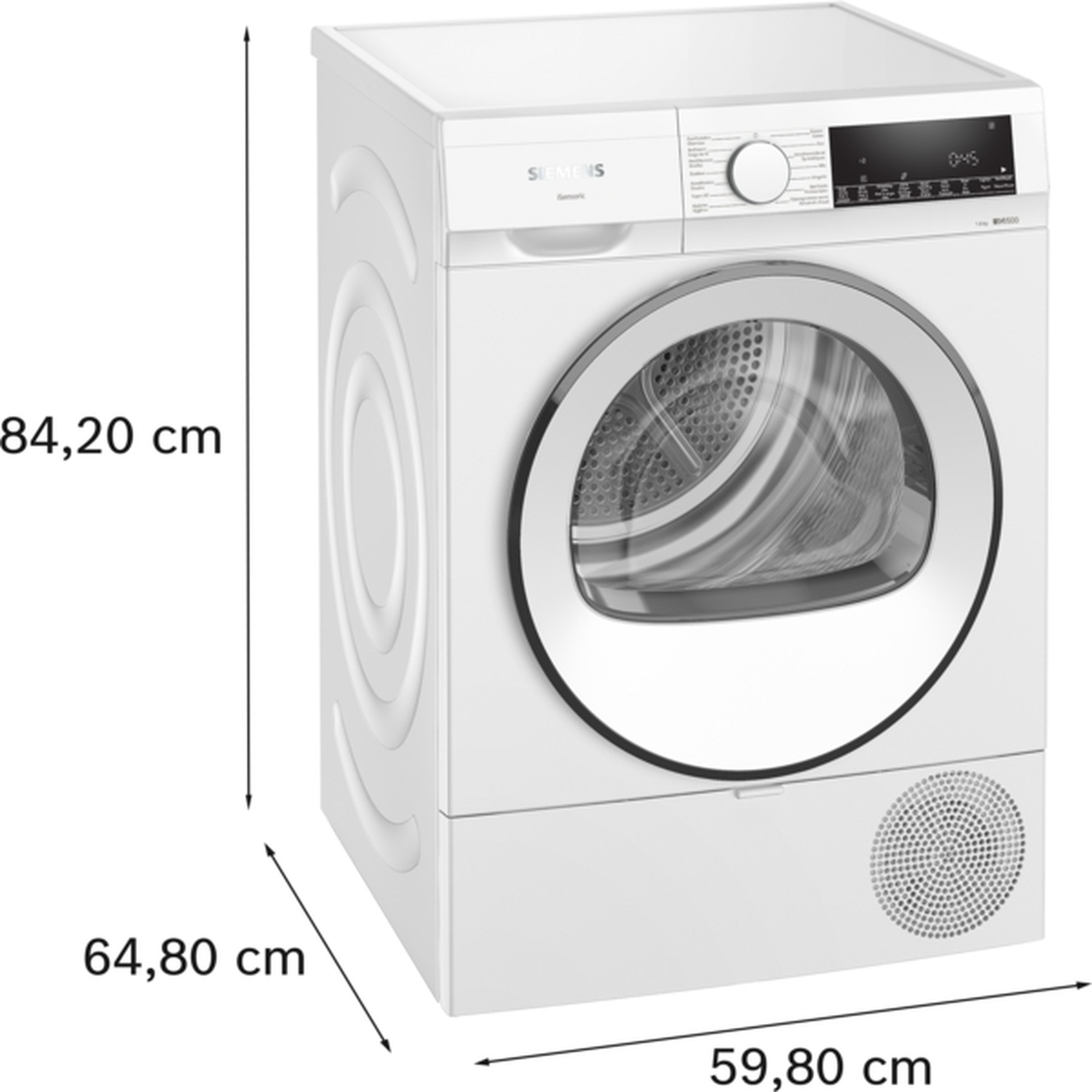 A white Siemens dryer. It has a glass door, control panel, and dimensions: 84.20 cm height, 64.80 cm depth, and 59.80 cm width.