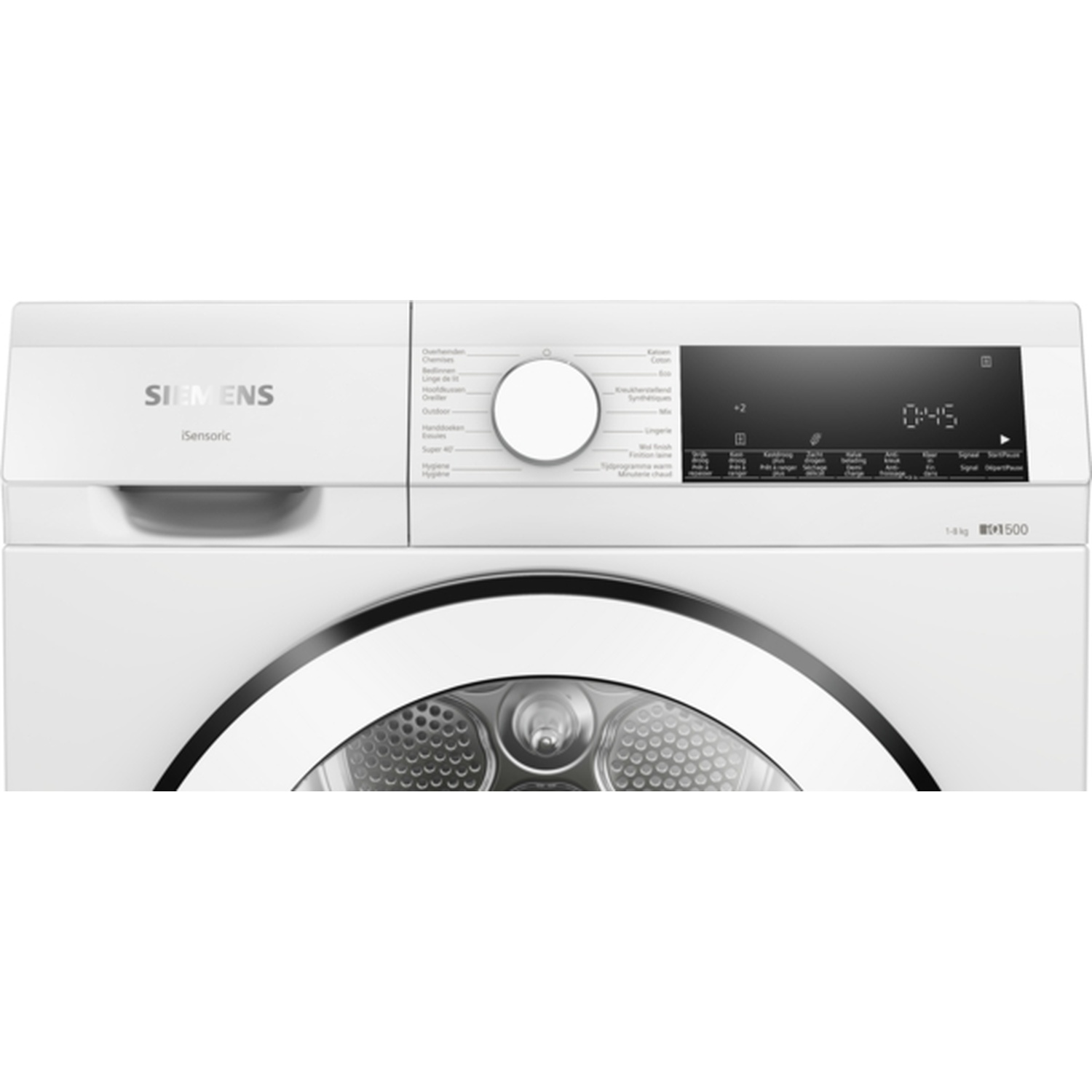 A white Siemens iSensoric dryer. It has a control panel with a dial, a digital display, and various program options.