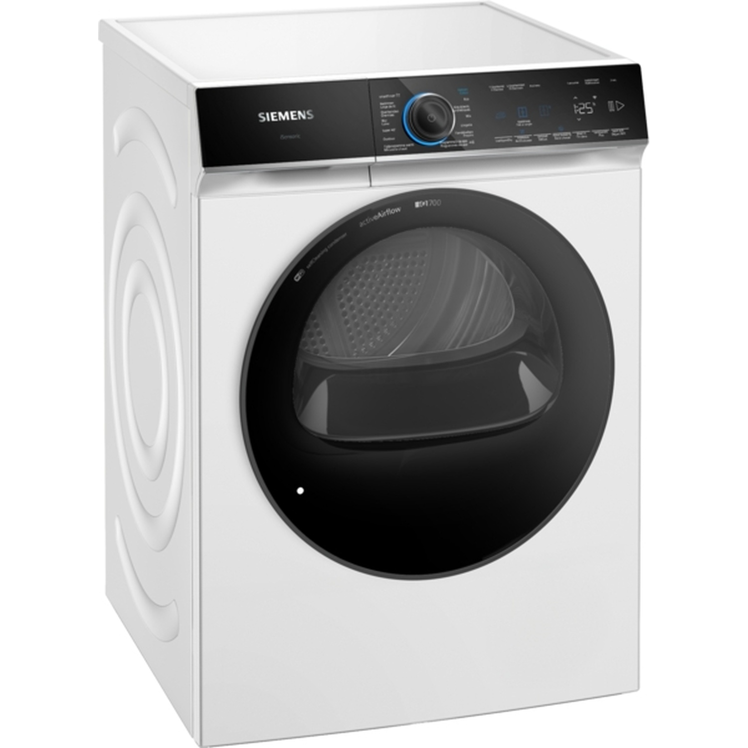 A white Siemens dryer with a black door and control panel. It has a digital display and various buttons. The dryer is clean and modern.