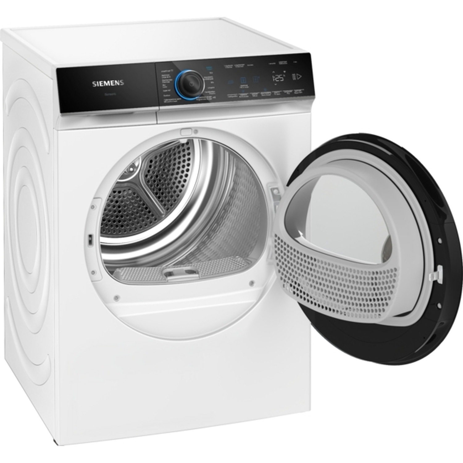 A white Siemens dryer with the door open. The control panel is black. The door has a silver mesh filter.