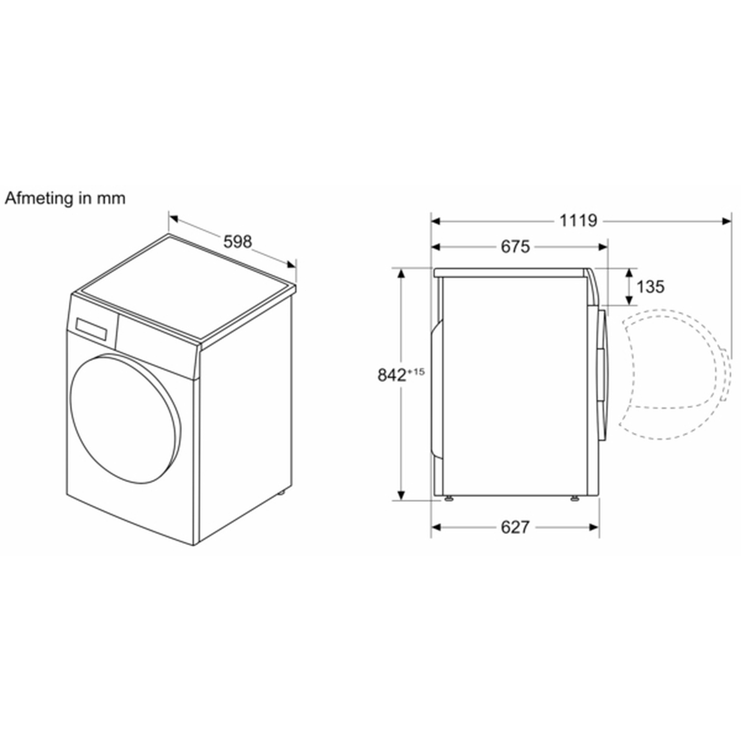 Diagram of a washing machine with dimensions in millimeters. Shows front and side views with measurements of height, width, and depth.