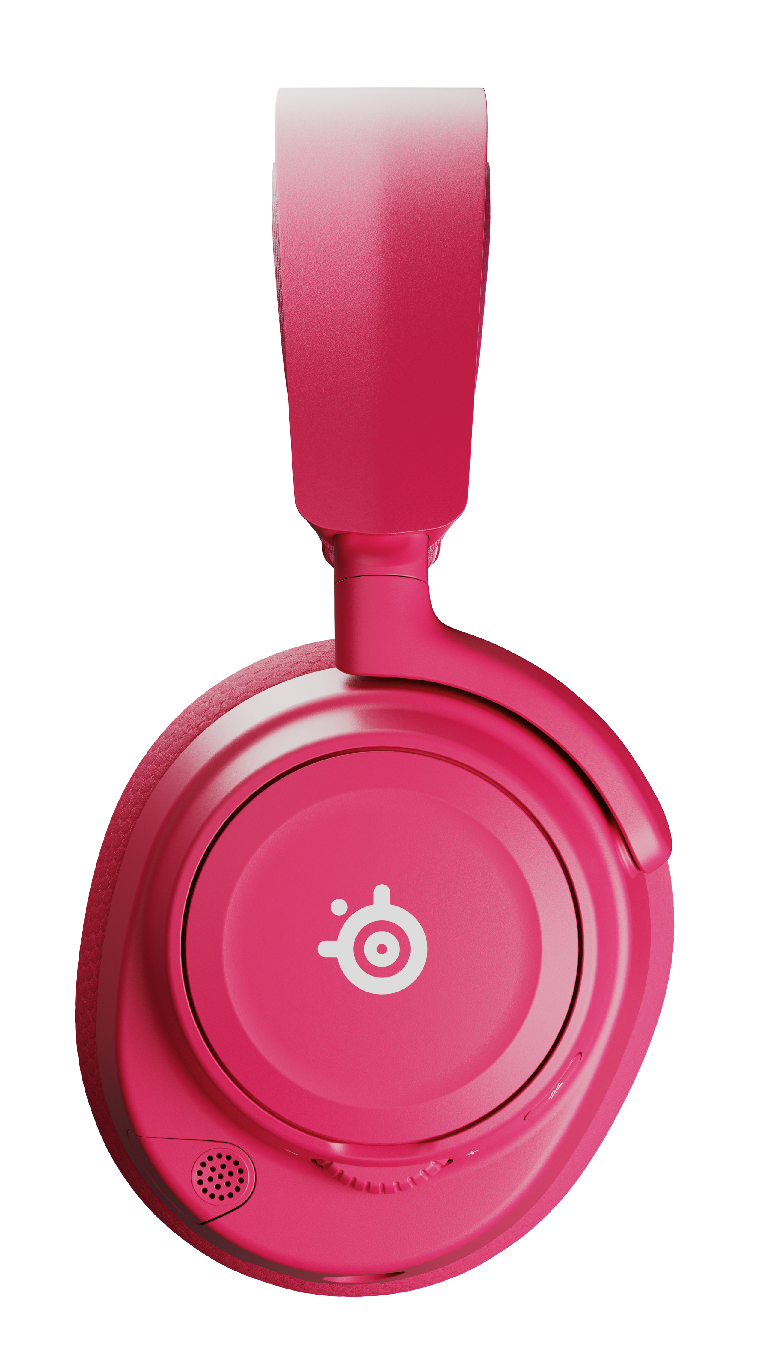 Różowy zestaw słuchawkowy na czarnym tle. Muszla słuchawki ma białe logo. Pałąk jest na górze.