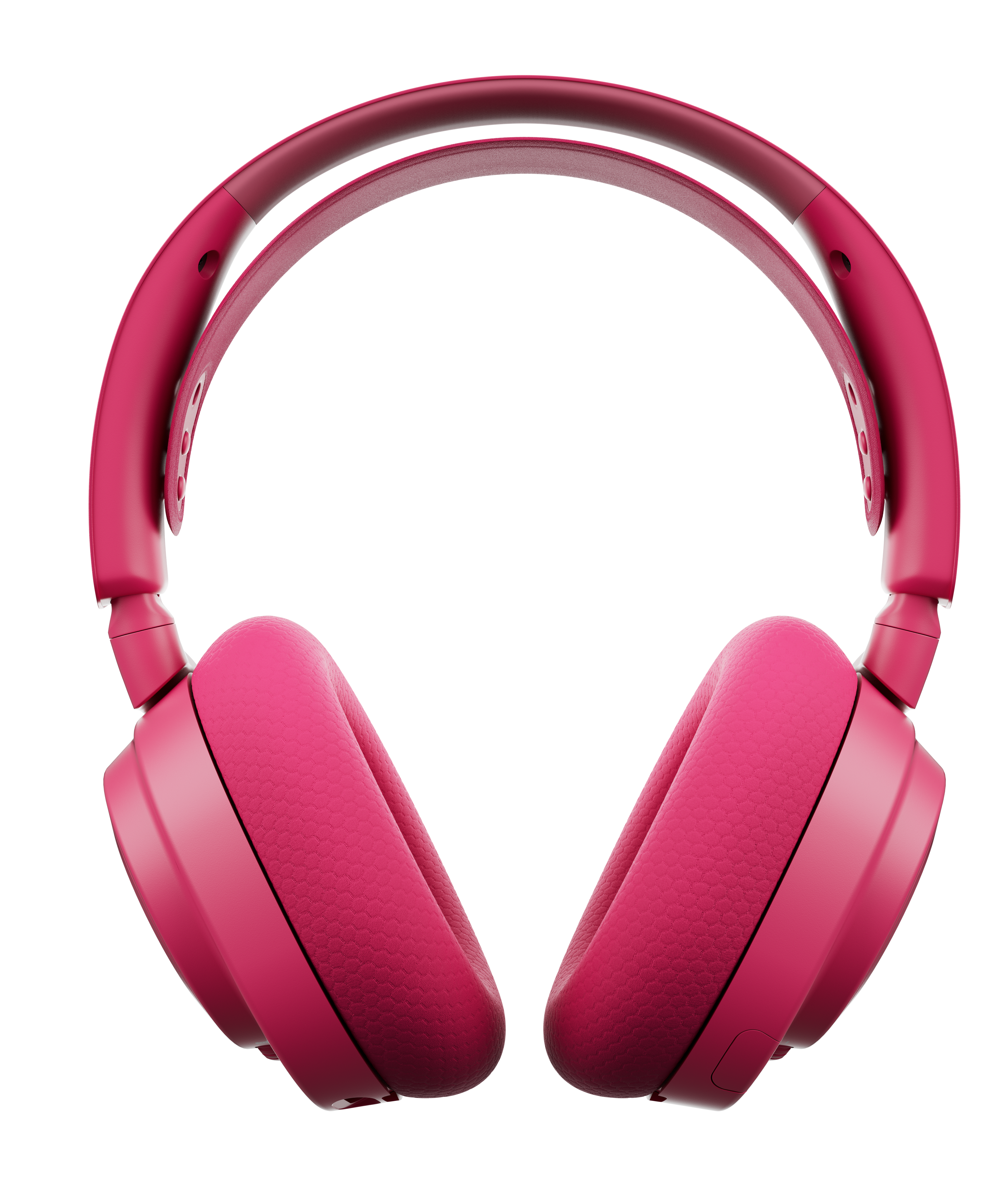Para jaskraworóżowych słuchawek na białym tle. Słuchawki są wyśrodkowane i ostre.