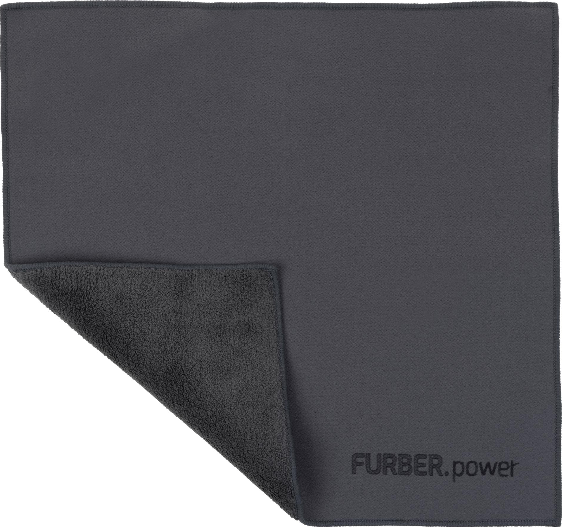 Un panno in microfibra grigio con un angolo ripiegato, che rivela una consistenza soffice. Il marchio FURBER.power è visibile.