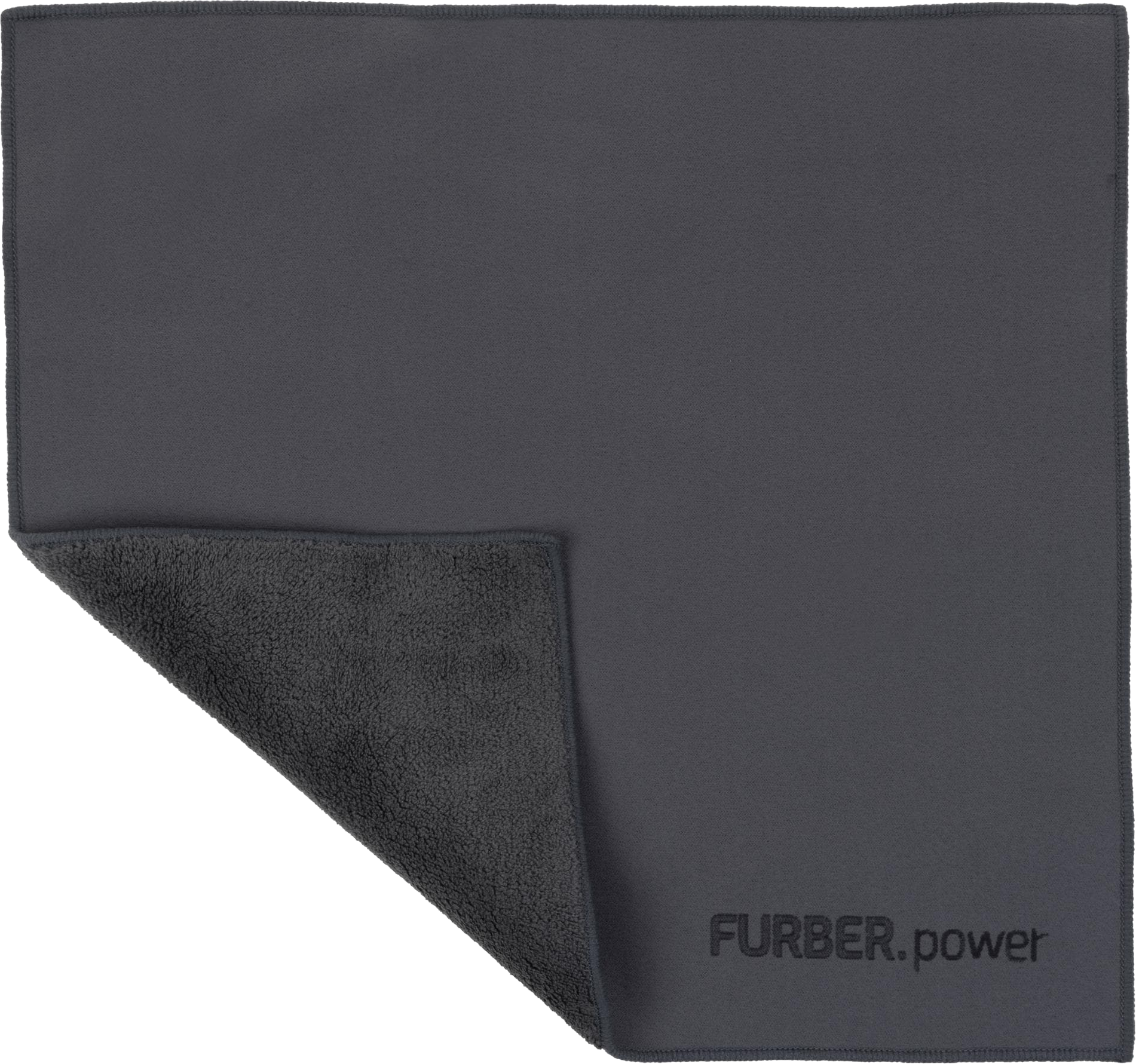 Un panno in microfibra grigio scuro con un angolo piegato che rivela una trama soffice. Il logo 'FURBER.power' è visibile.