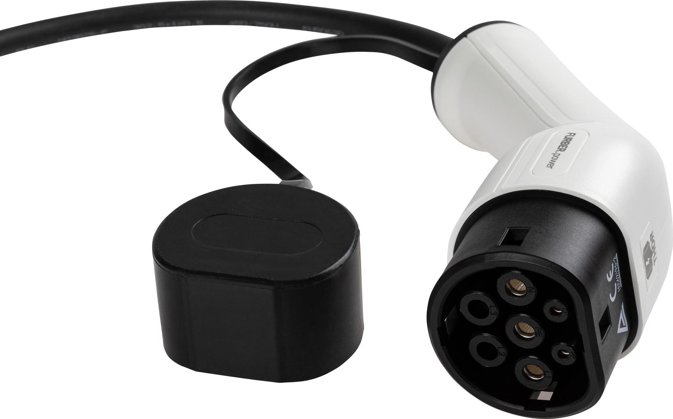 Un connettore di ricarica per veicoli elettrici con cavo e tappo neri. Il connettore è bianco e nero, con più fori.