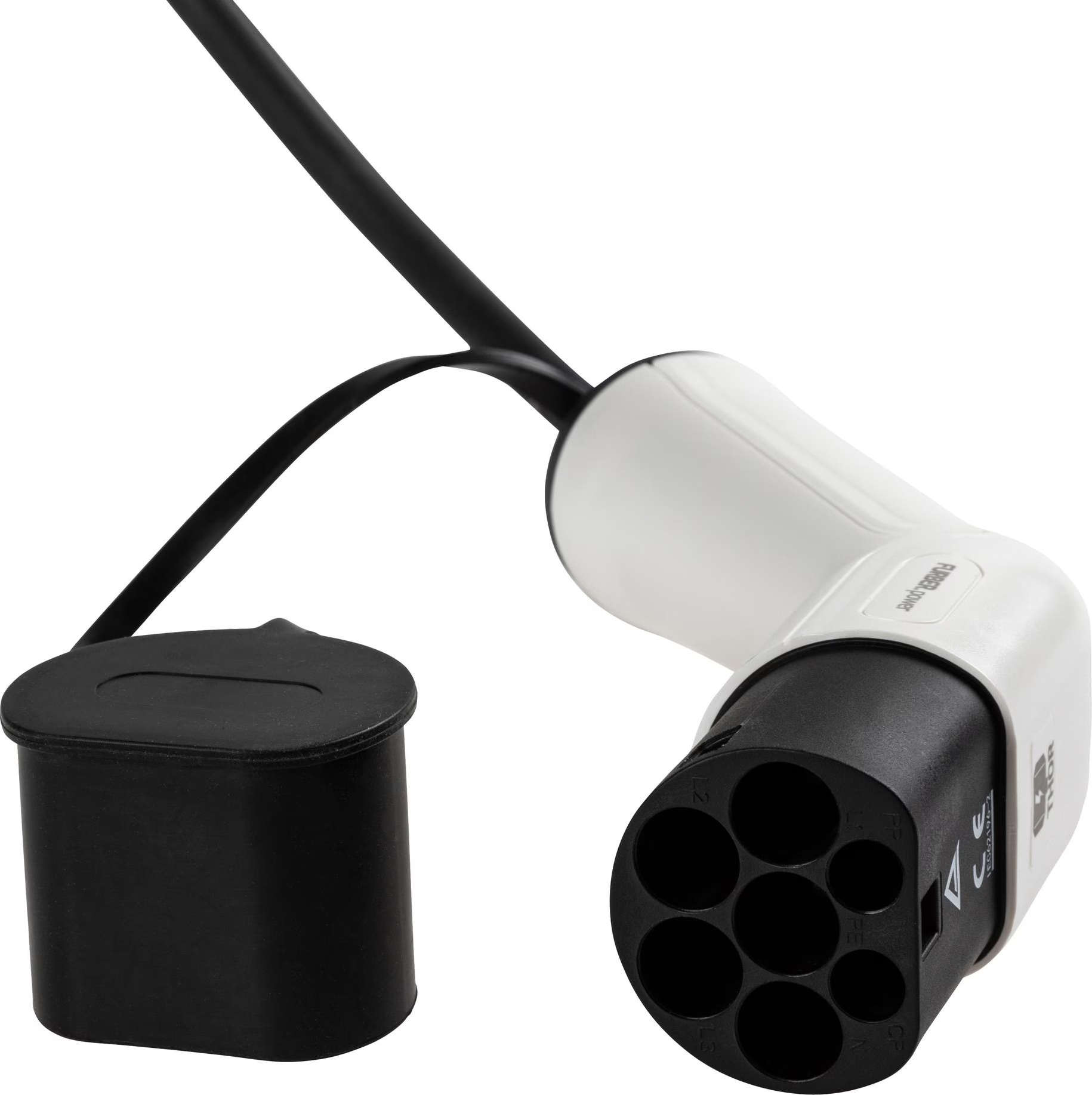 Un connettore di ricarica per veicoli elettrici. Bianco e nero, con cavo e cappuccio neri. Il connettore ha più fori.