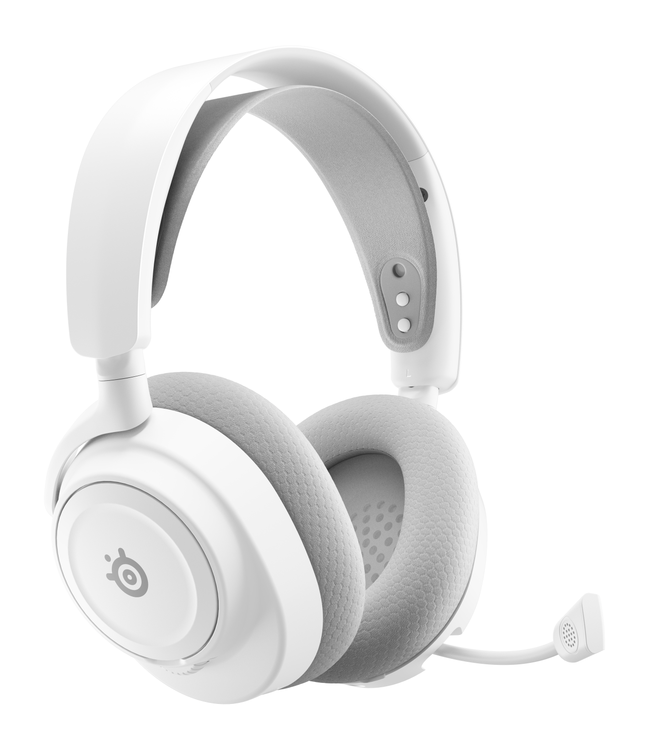 Biały zestaw słuchawkowy dla graczy z szarymi nausznikami i wyściółką pałąka. Mikrofon wystaje z lewego nausznika. Czarne tło.