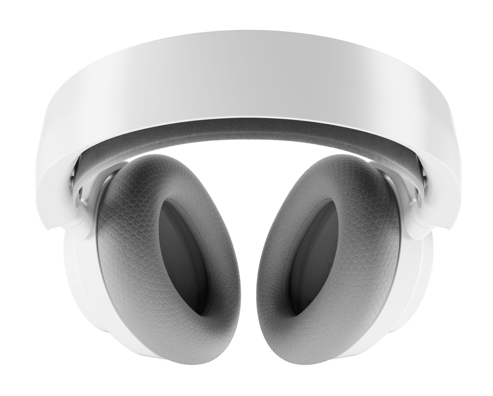 Białe słuchawki z szarymi nausznikami na czarnym tle. Pałąk jest biały, a nauszniki okrągłe.