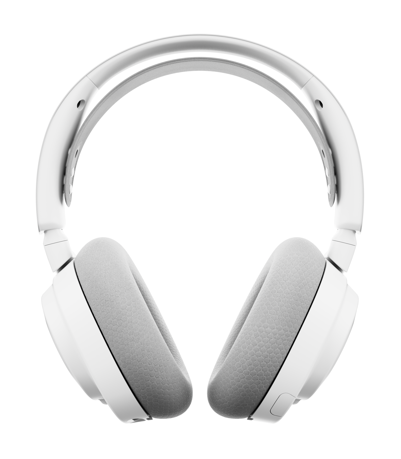 Białe słuchawki z szarymi nausznicami na czarnym tle. Widoczny pałąk i nausznice słuchawek.