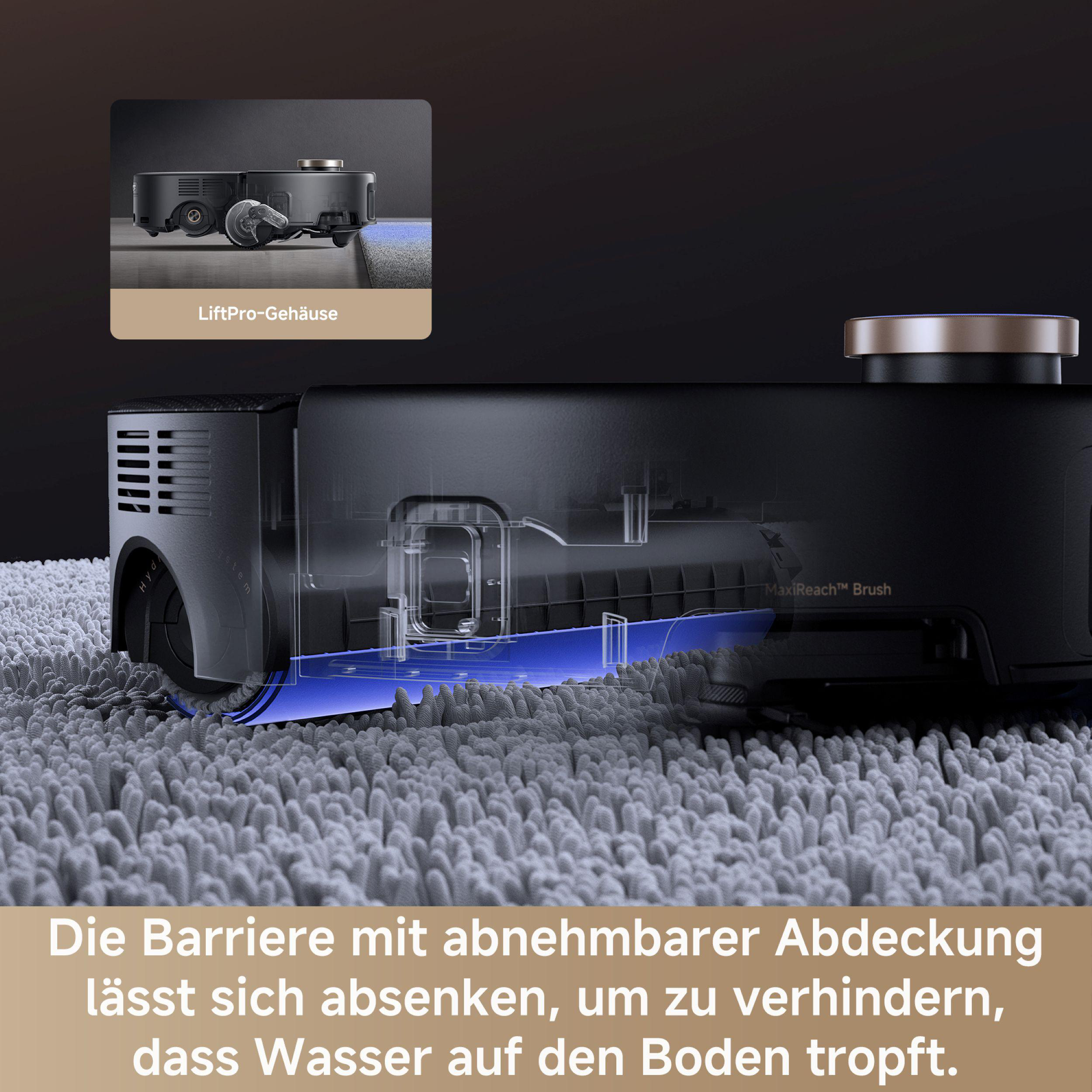 Ein Roboter-Staubsauger auf grauem Teppich. Eine Detailansicht zeigt die MaxiReach-Bürste und das LiftPro-Gehäuse.