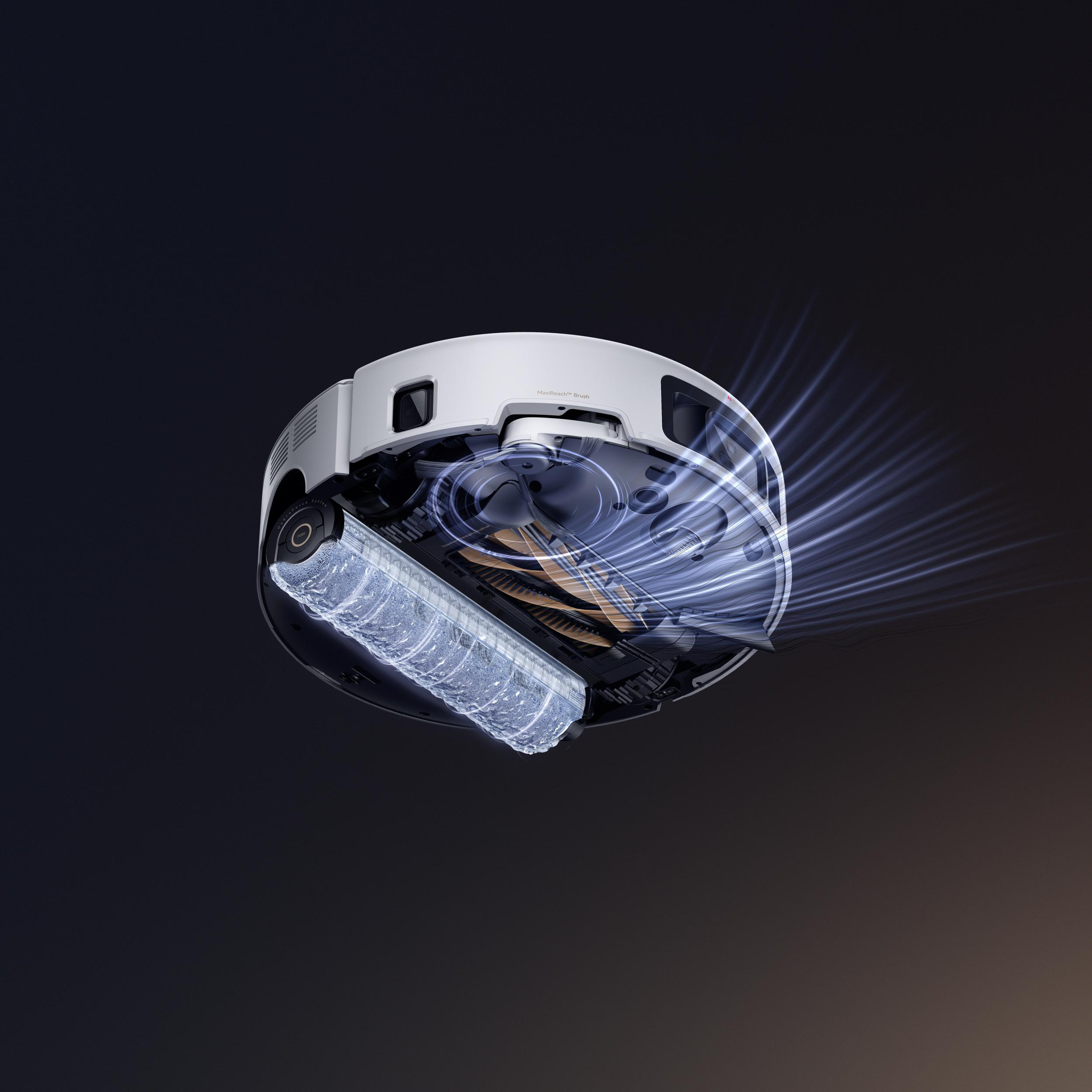 Roboter-Staubsauger mit sichtbaren Innenteilen. Transparente Abschnitte zeigen Bürste und Wassertank. Dunkler Hintergrund mit blauen Lichtspuren.