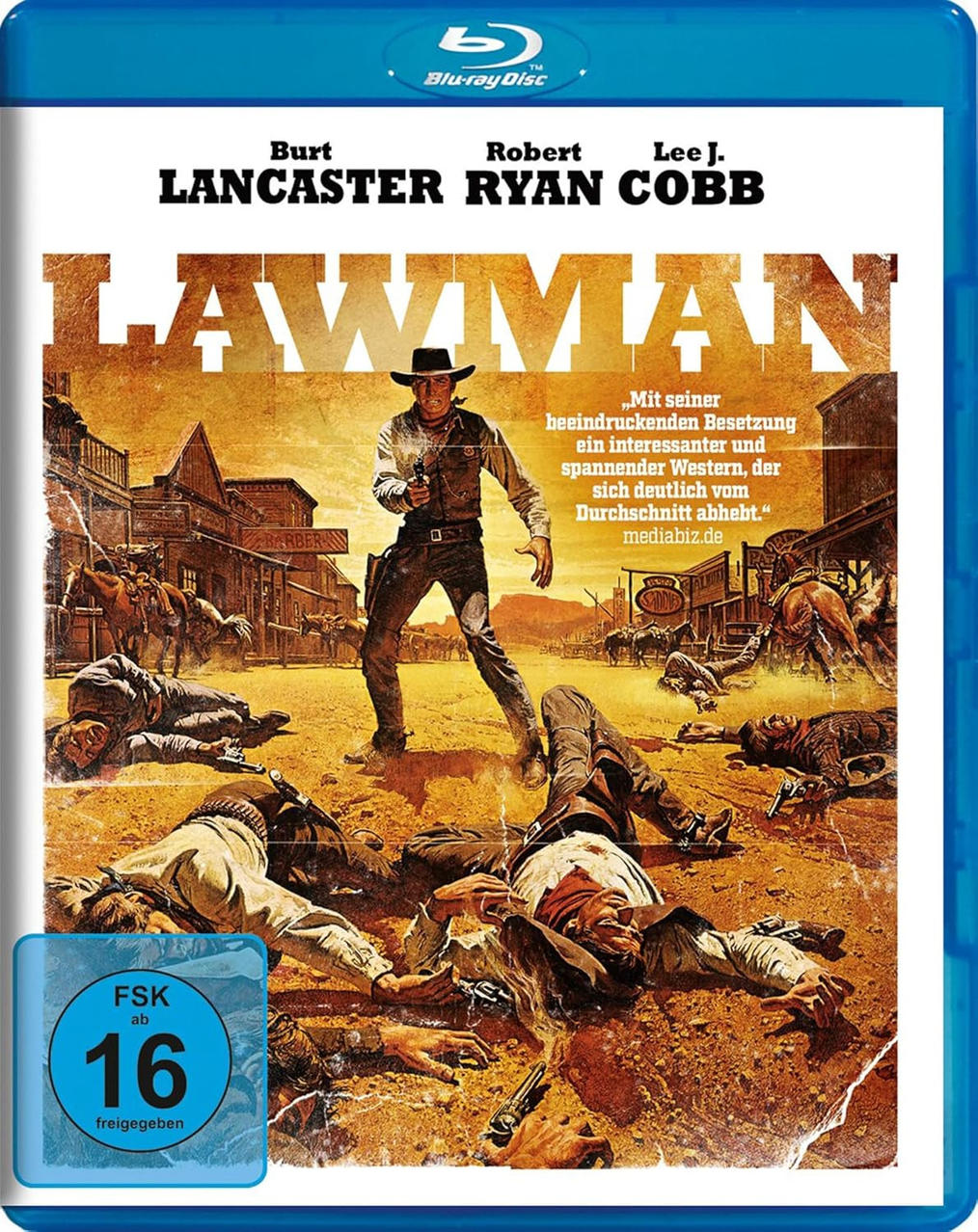 Lawman Blu-ray Cover. Ein Cowboy mit einer Pistole, umgeben von toten Männern. Der Titel 'LAWMAN' ist prominent.
