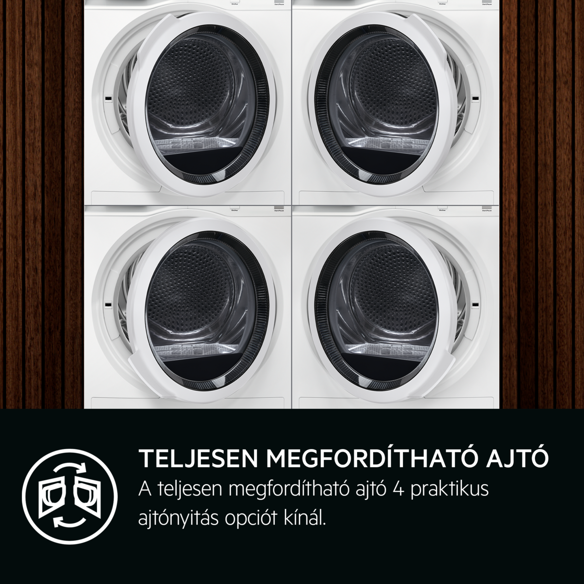 Négy fehér mosógép, mindegyik nyitott ajtóval. A háttér sötét fa fal. Szöveg: Teljesen megfordítható ajtó 4 nyitási lehetőséggel.