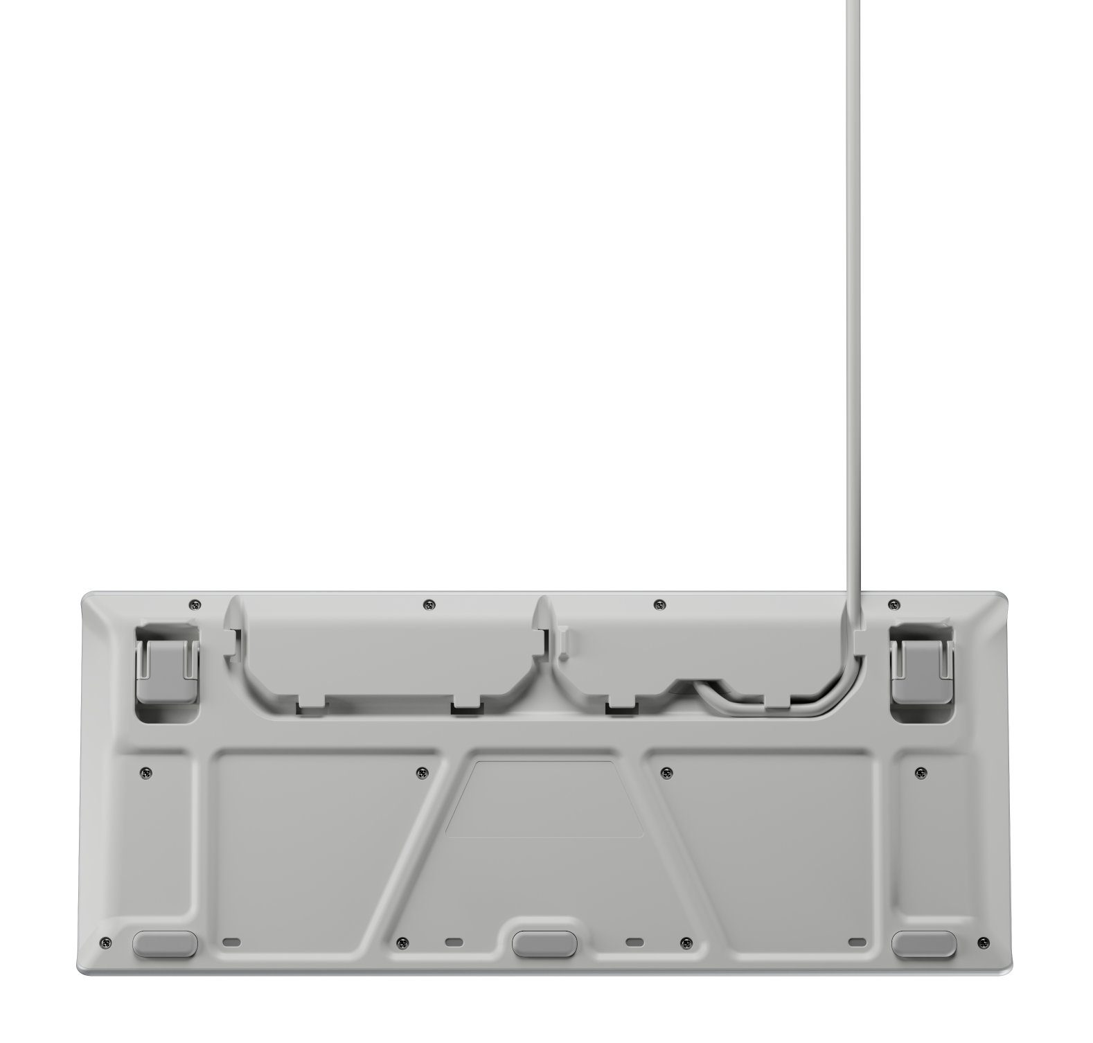 Spód białej klawiatury na czarnym tle. Klawiatura ma regulowane nóżki i kabel.