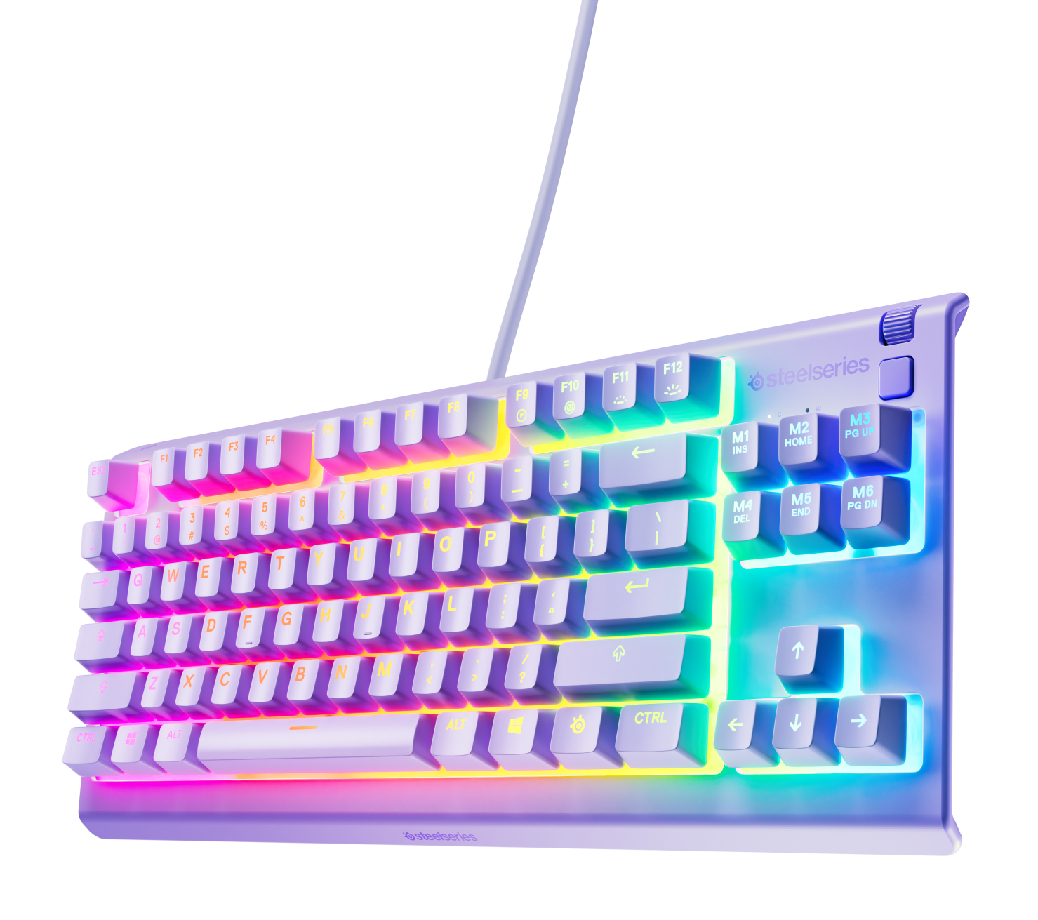 Biała klawiatura SteelSeries z podświetlanymi na tęczowo klawiszami. Klawisze są oznaczone literami, cyframi i symbolami.