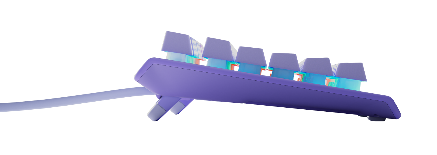 Fioletowa klawiatura mechaniczna na czarnym tle. Klawisze są jasnofioletowe z niebieską i zieloną poświatą.