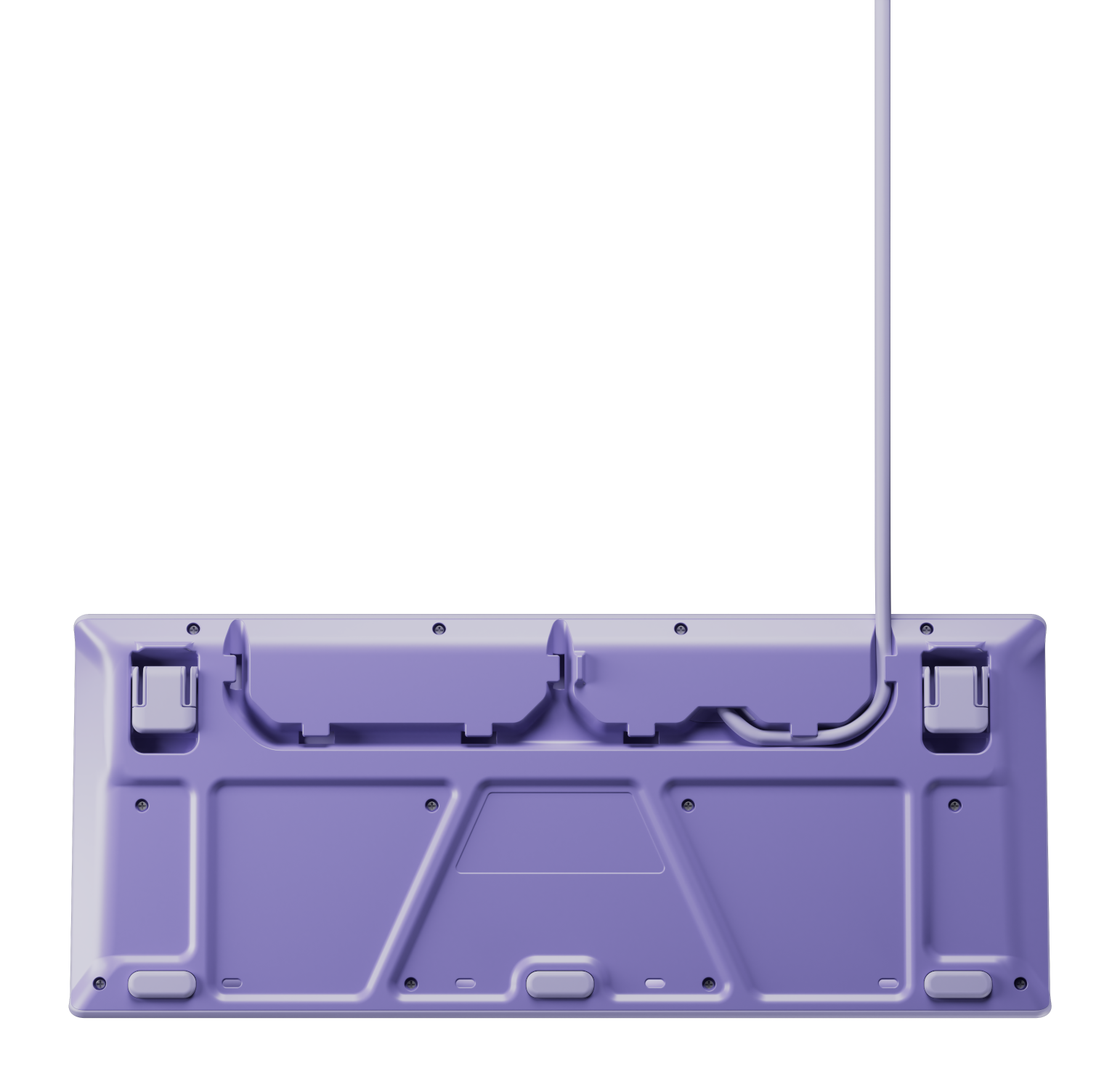 Tył fioletowej klawiatury z kablem na czarnym tle. Klawiatura ma kilka szarych gumowych nóżek.