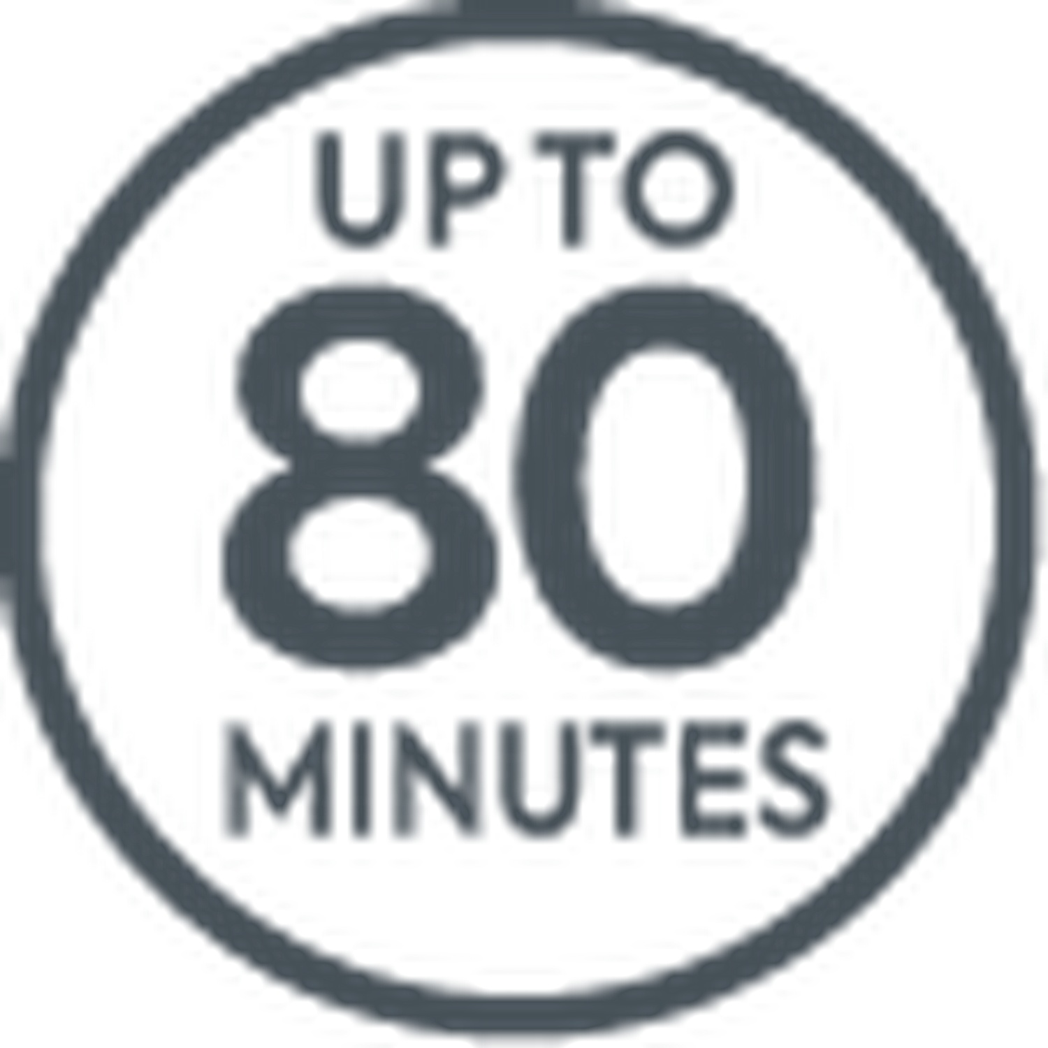 A gray circle with the text 'UP TO 80 MINUTES' inside. The numbers and letters are gray on a white background.