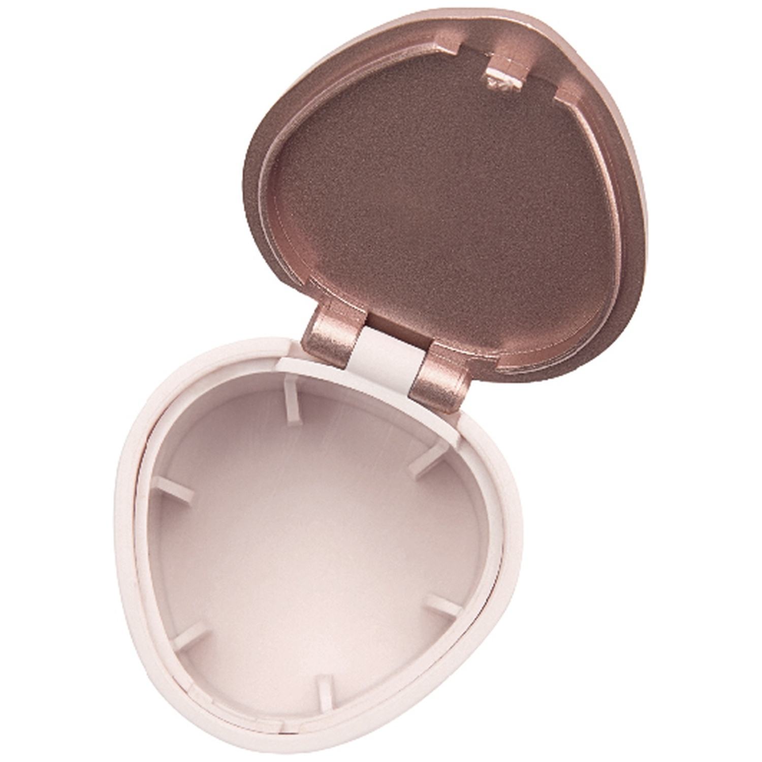An open, heart-shaped case with a rose-gold lid and a light pink interior. The lid is up, revealing the empty space.