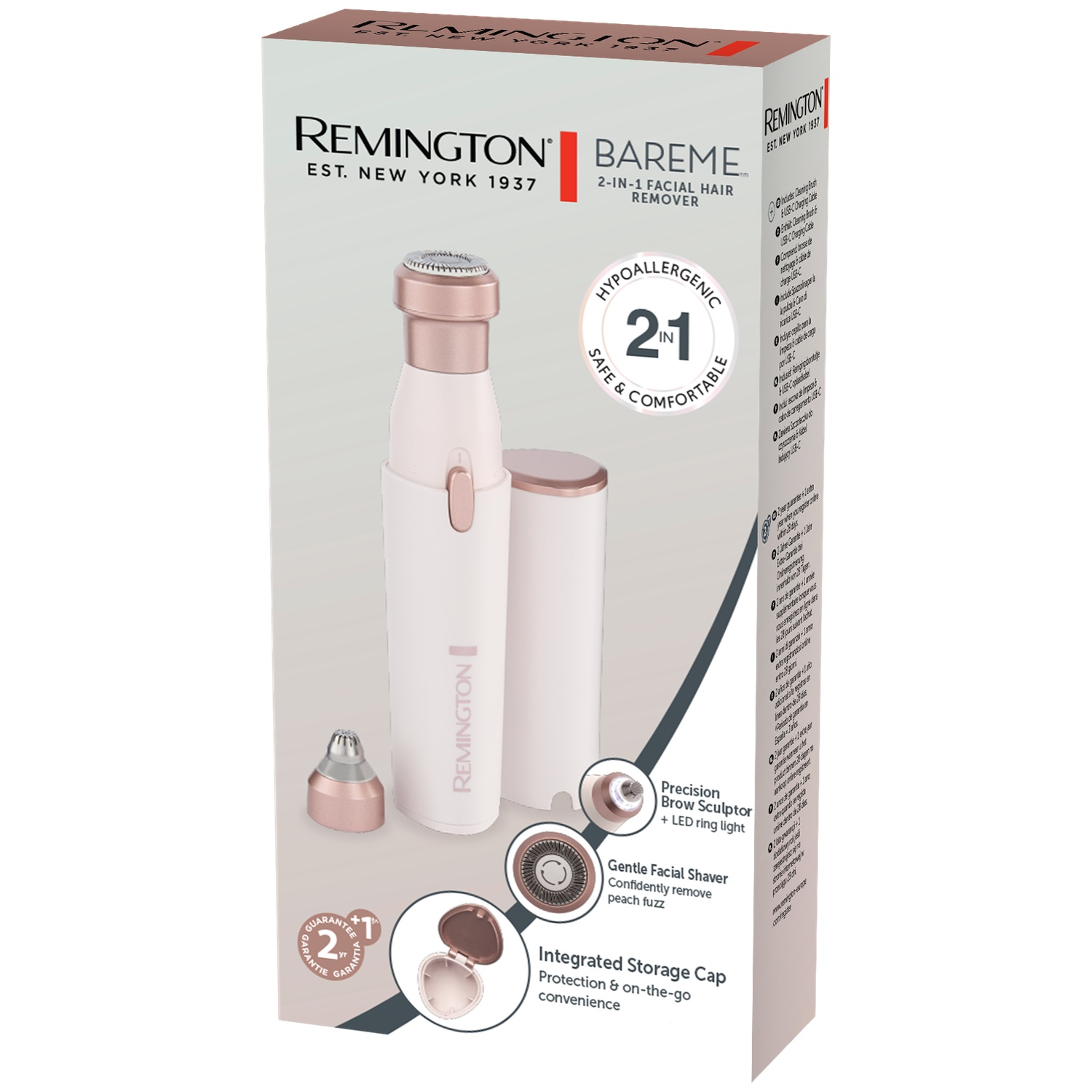 Boxed Remington Bareme 2-in-1 facial hair remover. Includes the device, two attachments, and a storage cap.