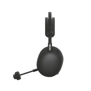 Auriculares negros con micrófono, colgando sobre un fondo blanco. Los auriculares son redondos y tienen un asa curva.