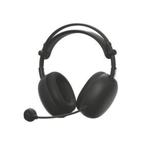 Auriculares negros con micrófono, almohadillas y diadema acolchada, sobre fondo blanco.