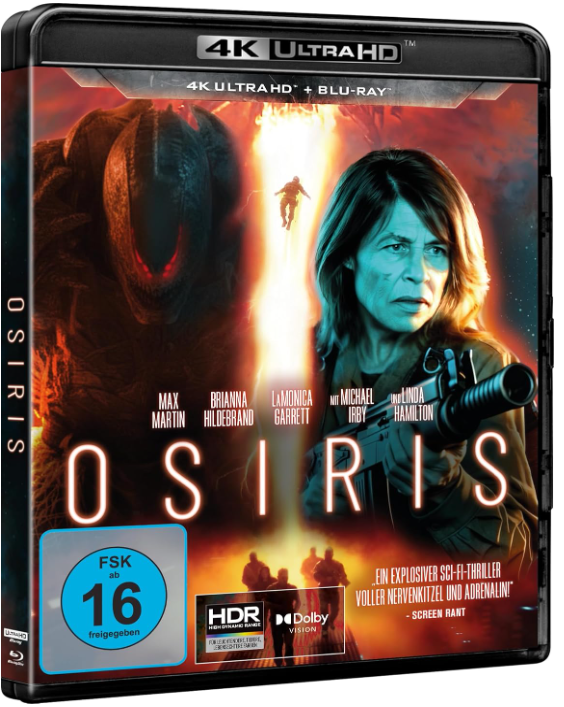 DVD-Cover für 'OSIRIS'. Frau mit Waffe, riesiges Monster und helles Licht. Namen der Darsteller und Bewertungen werden angezeigt.